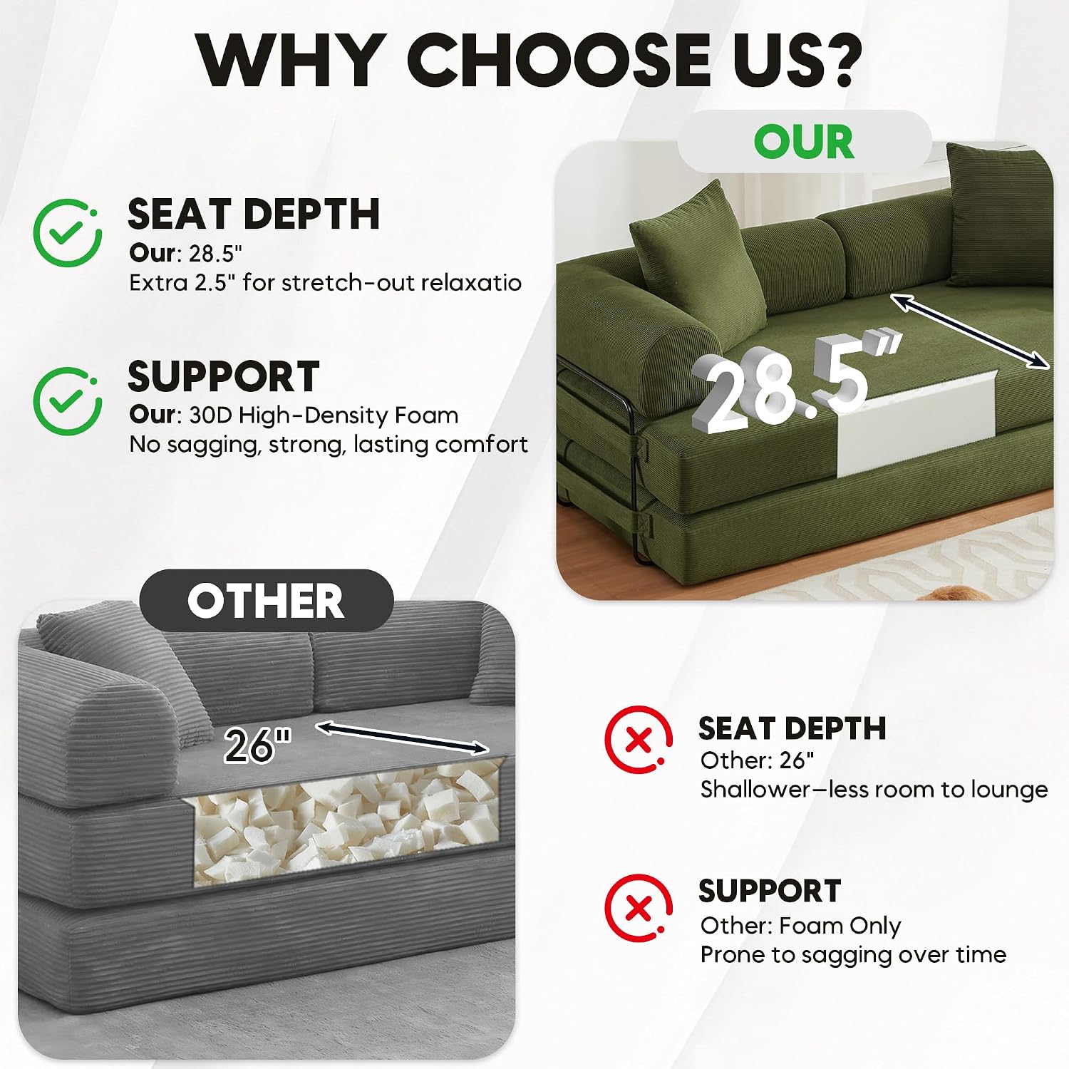 ZEIINPA Convertible Sleeper Sofa Bed with Cylindrical Pillow, Corduroy Folding Mattress Couch with Fixed-Shape Frame, Floor Sofa Lounge Couch for Living Room Bedroom Lounge Studio-Green
