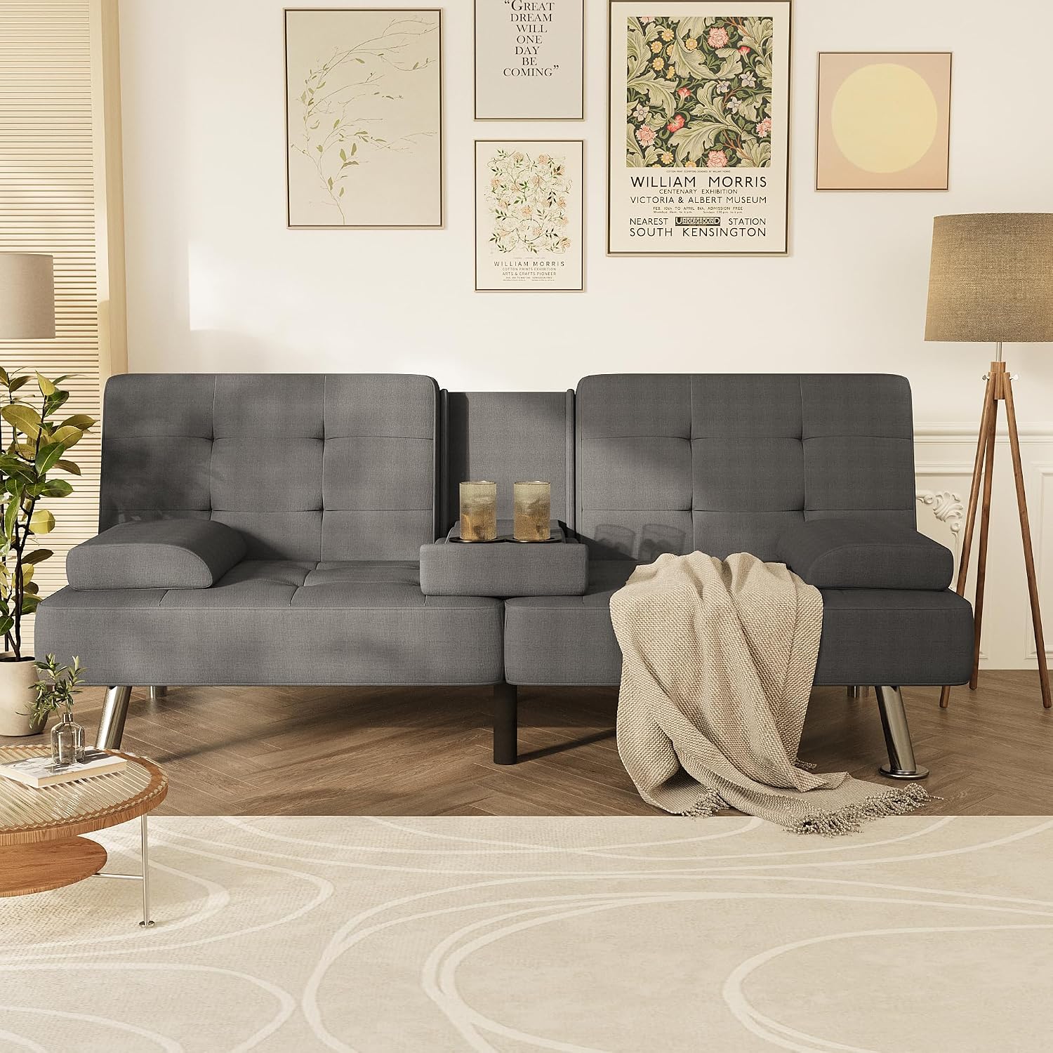 Homall Futon Sofa Bed, Futon Couch with Removable Armrests, Adjustable Recliner Sleeper Sofa Bed with Dual Cup Holders for Living Room, Apartment, Office (Fabric, Dark Grey)