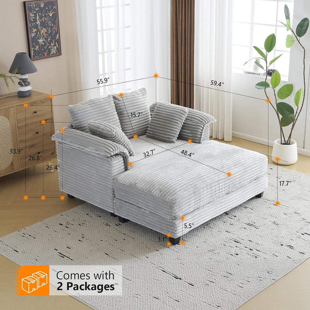 VINGLI 56' Oversized Chaise Lounge Chair, Light Grey Comfy Corduroy Chaise Sofa Recliner Bed Upholstered Sleeper Couch Bed with Throw Pillows and Armrests for Living Room, Movie Room, Bedroom