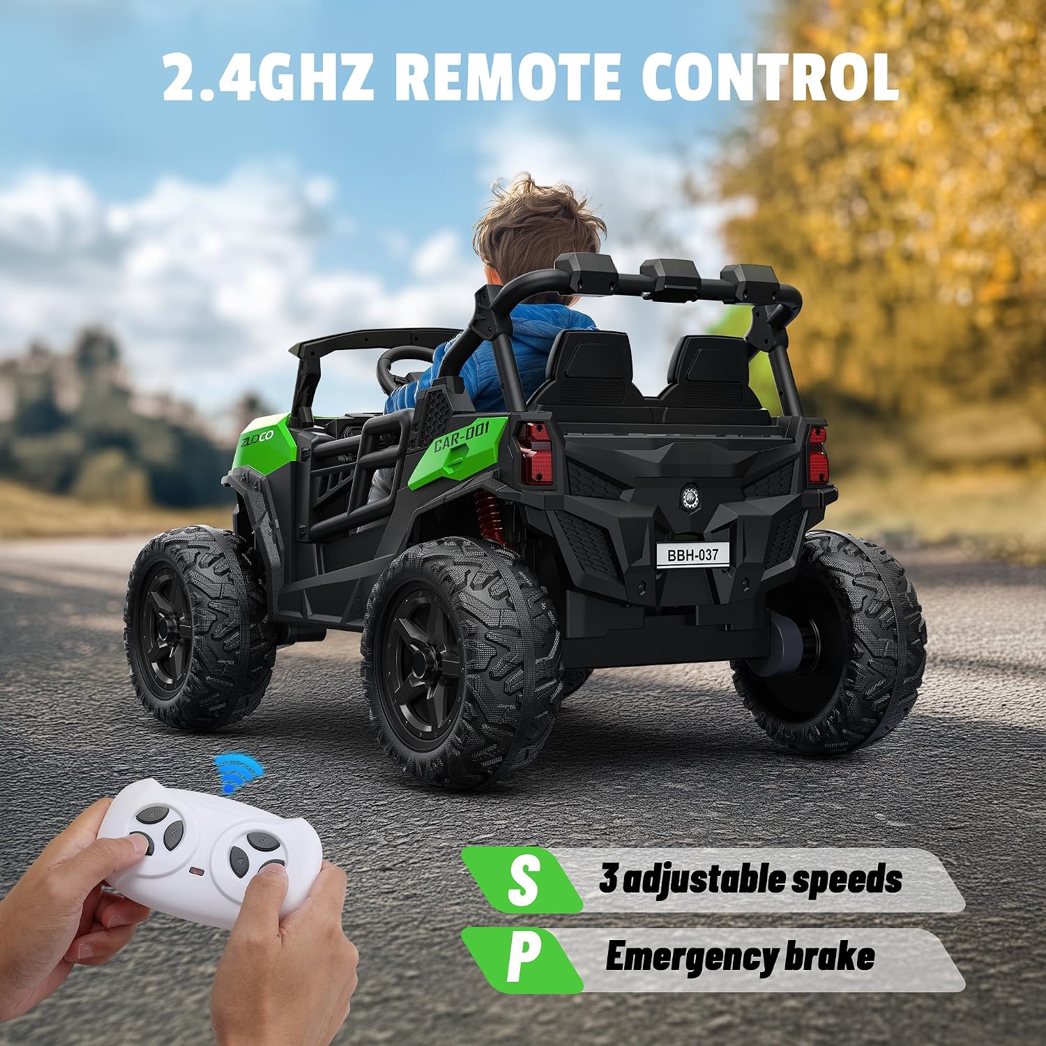 ARBELI 24V 2 Seater Ride on Car Truck 4x200W, EVA Tires, 4WD/2WD, Rainbow Lights, Remote Control, Shock Absorbers, Bluetooth, Ride on Toy for Big Kids Ages 3-8, Green