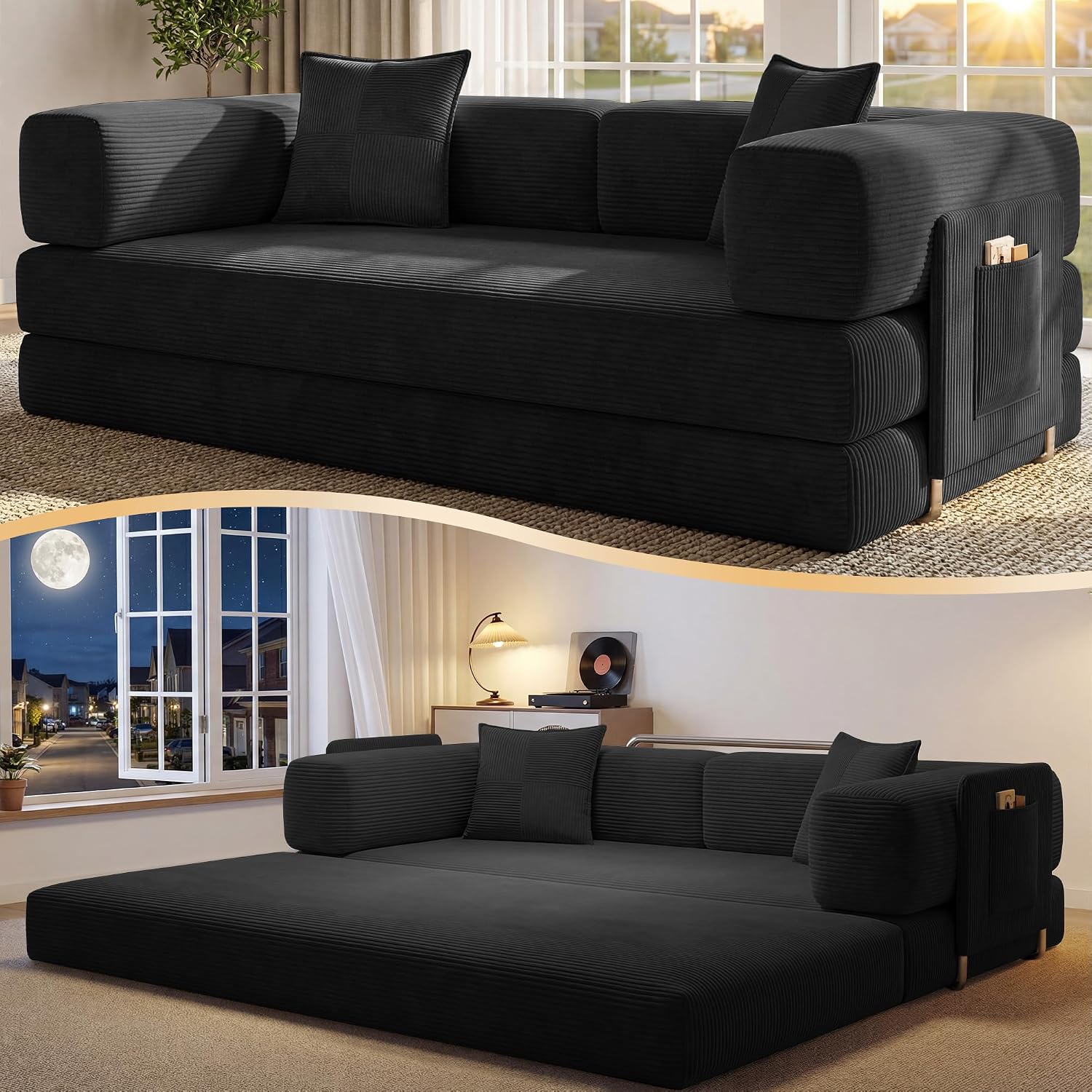 78.8' Convertible Sofa Bed,Corduroy Futon Couch with Storage Pocket,Folding Pull Out Futon Sofa, No Assembly Boneless Couch for Living Room,Black