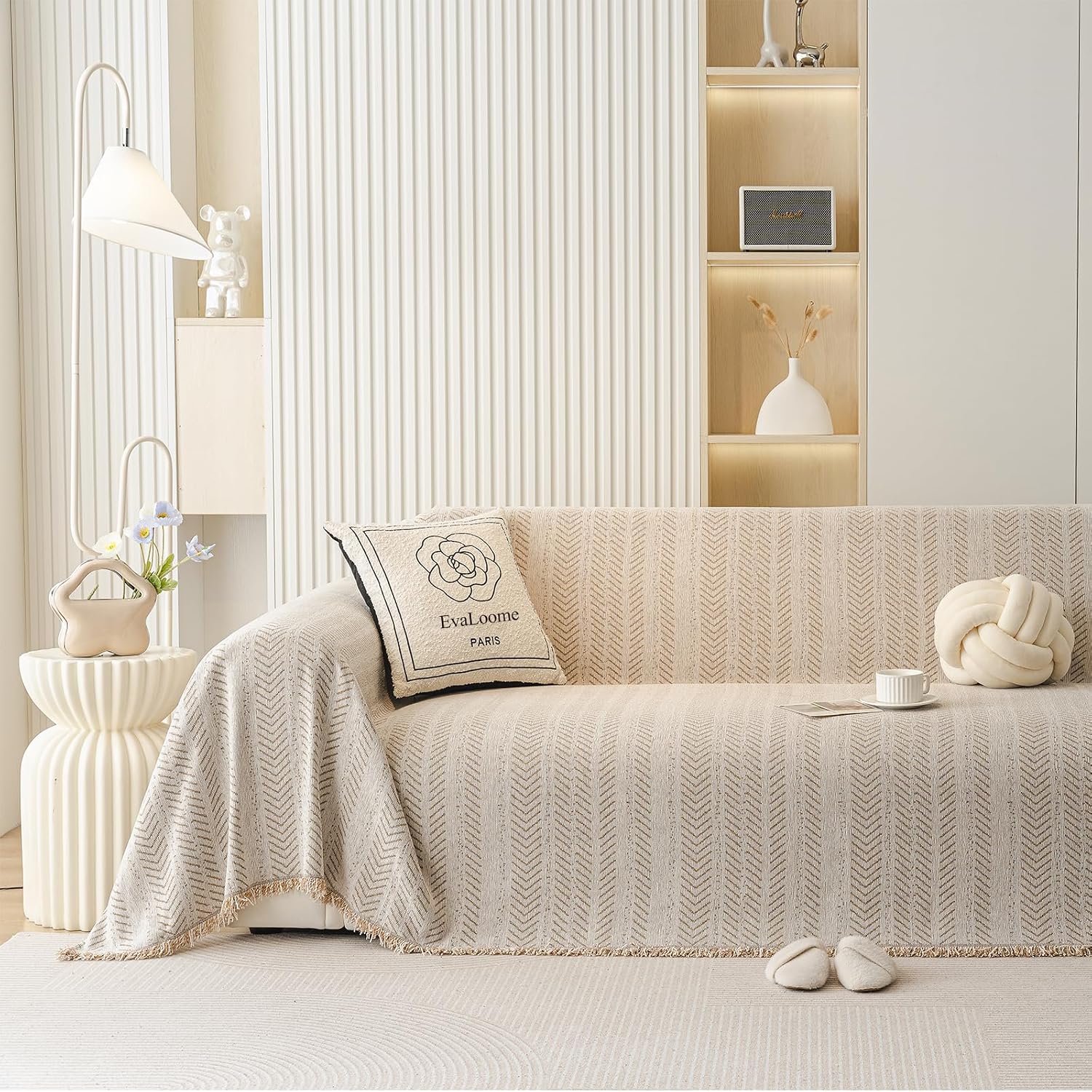 Chenille Sofa Throw Blanket with Herringbone Pattern and Tassel Edges, Thick & Soft Couch Cover, Machine Washable, Anti-Slip, Pet-Friendly, Fits 3/4-Seater (Beige, 71″x165″)