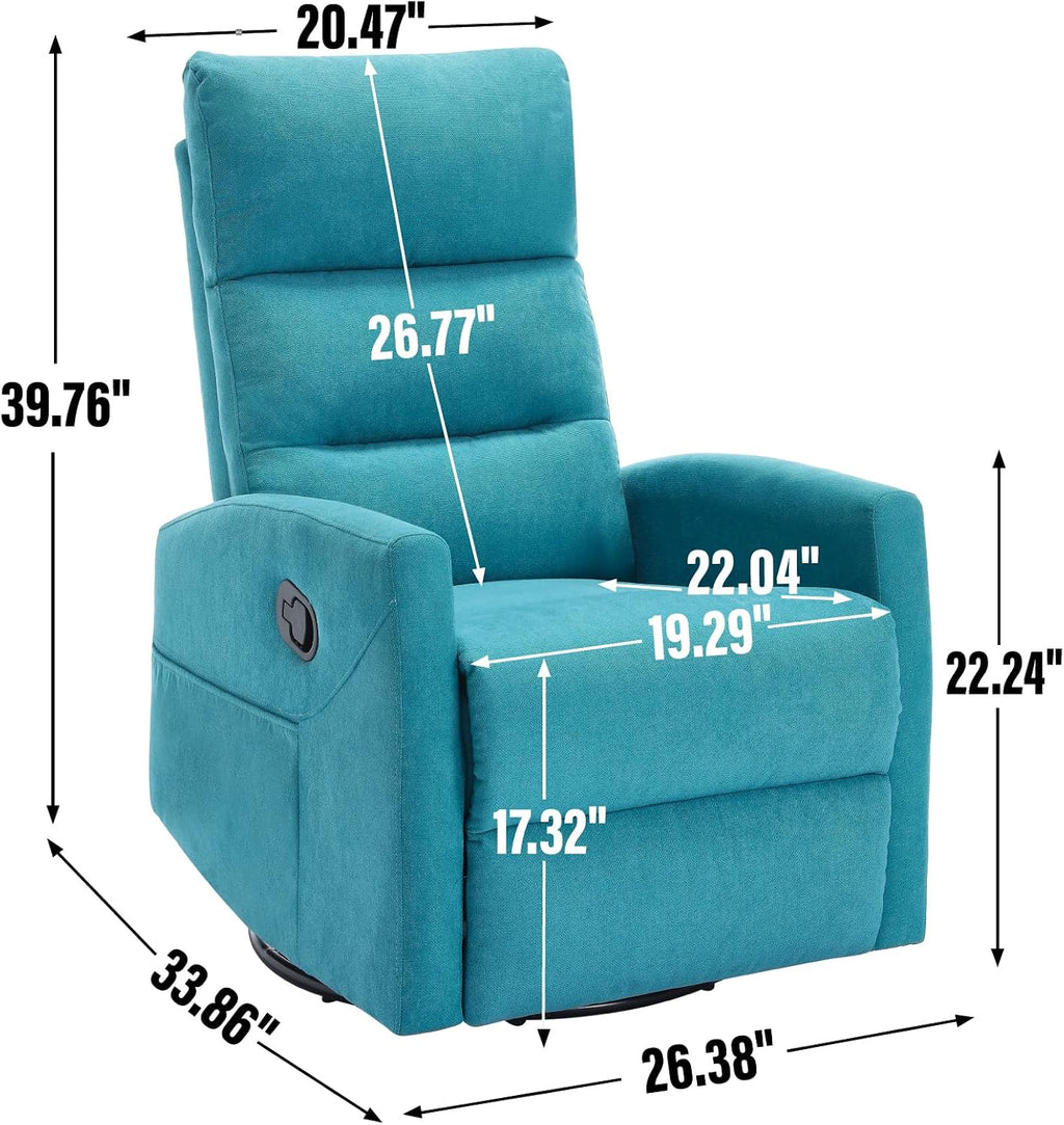 PELUMY Manual Recliner Chair, 360° Swivel Glider and Rocker Recliner with 155° Recline, Compact Fabric Recliner for Small Space, Nursery, Living Room, Bedroom, No Tools Assembly (Blue)