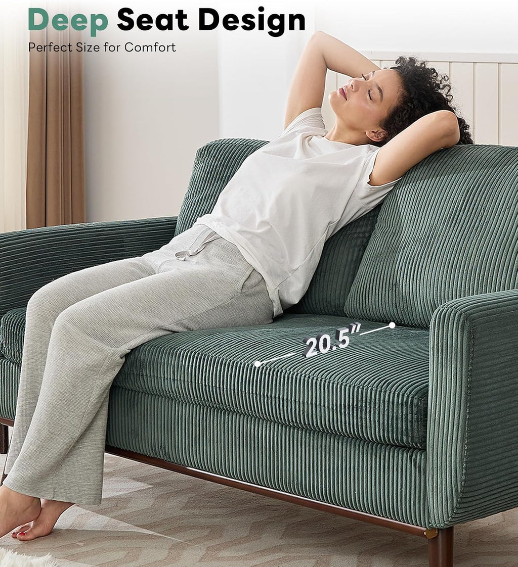 Kingfun 65' Corduroy Love Seat with Spring Cusions, Mid Century Modern Loveseat Sofa for Livingroom & Bedroom, Comfy Upholstered Small Couch, Green