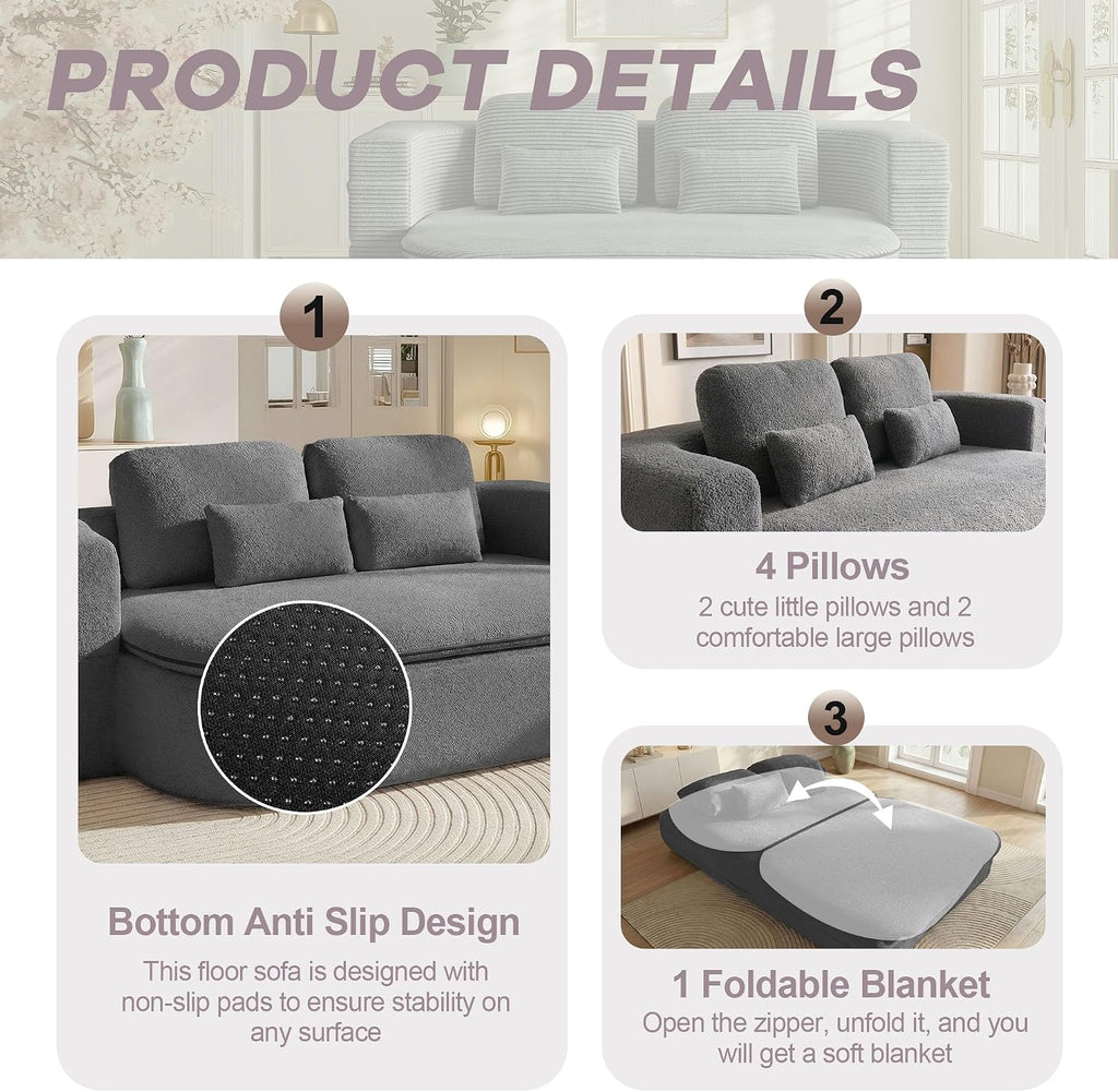 75'' Folding Sleeper Sofa Bed, Convertible Memory Foam Boneless Couch, Foldable Full Size Guest Bed, Modern 2-in-1 Futon Floor Sleeper Sofa with 4 Pillows and Blanket (Teddy, Dark Gray)