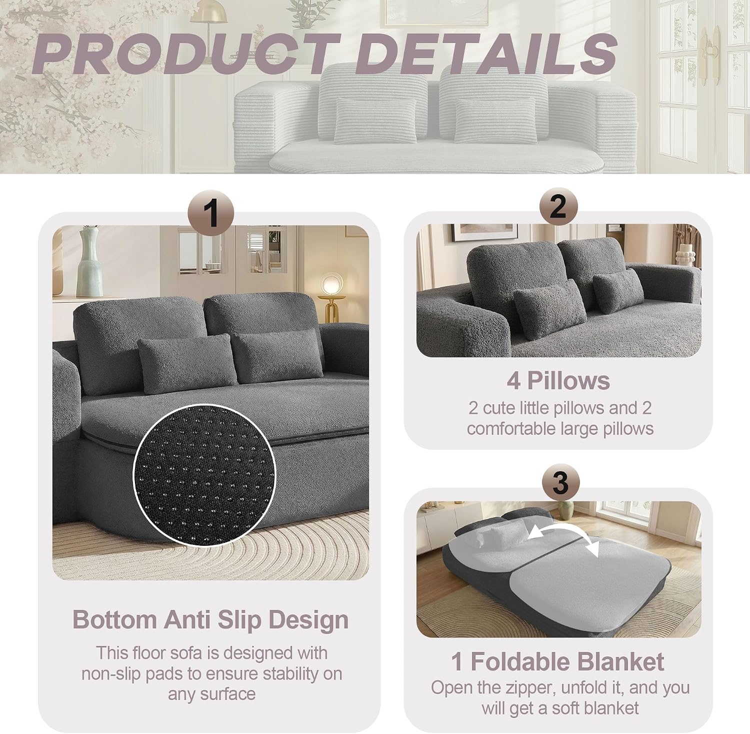 75'' Folding Sleeper Sofa Bed, Convertible Memory Foam Boneless Couch, Foldable Full Size Guest Bed, Modern 2-in-1 Futon Floor Sleeper Sofa with 4 Pillows and Blanket (Teddy, Dark Gray)