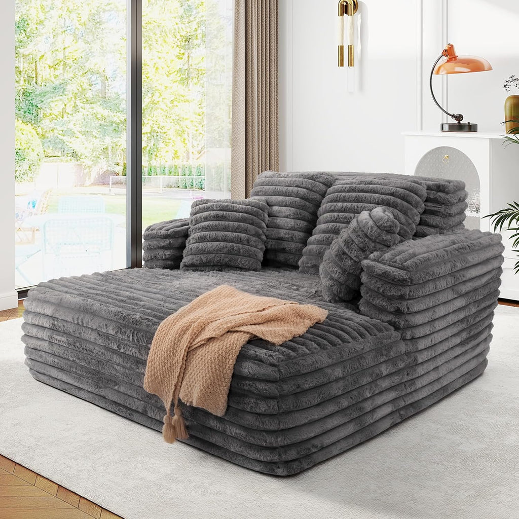 JEEOHEY 56' Oversized Chaise Lounge Chair Indoor,Plush Faux Fur Sleeper Sofa Couch Bed with Pillows&Wide Armrests,Fluffy Comfy Cloud Couch,Compression Foam Couch for Living Room,Bedroom(Grey)