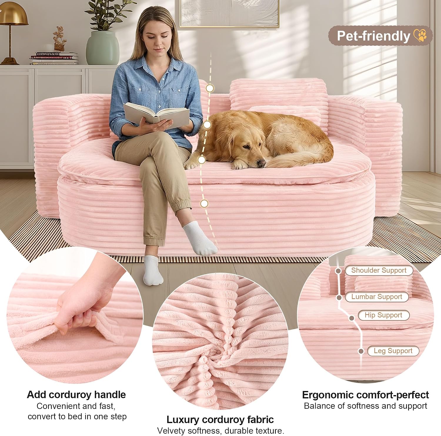 75'' Folding Sleeper Sofa Bed, Convertible Memory Foam Boneless Couch, Foldable Full Size Guest Bed, Modern 2-in-1 Futon Floor Sleeper Sofa with 4 Pillows and Blanket (Corduroy, Pink)