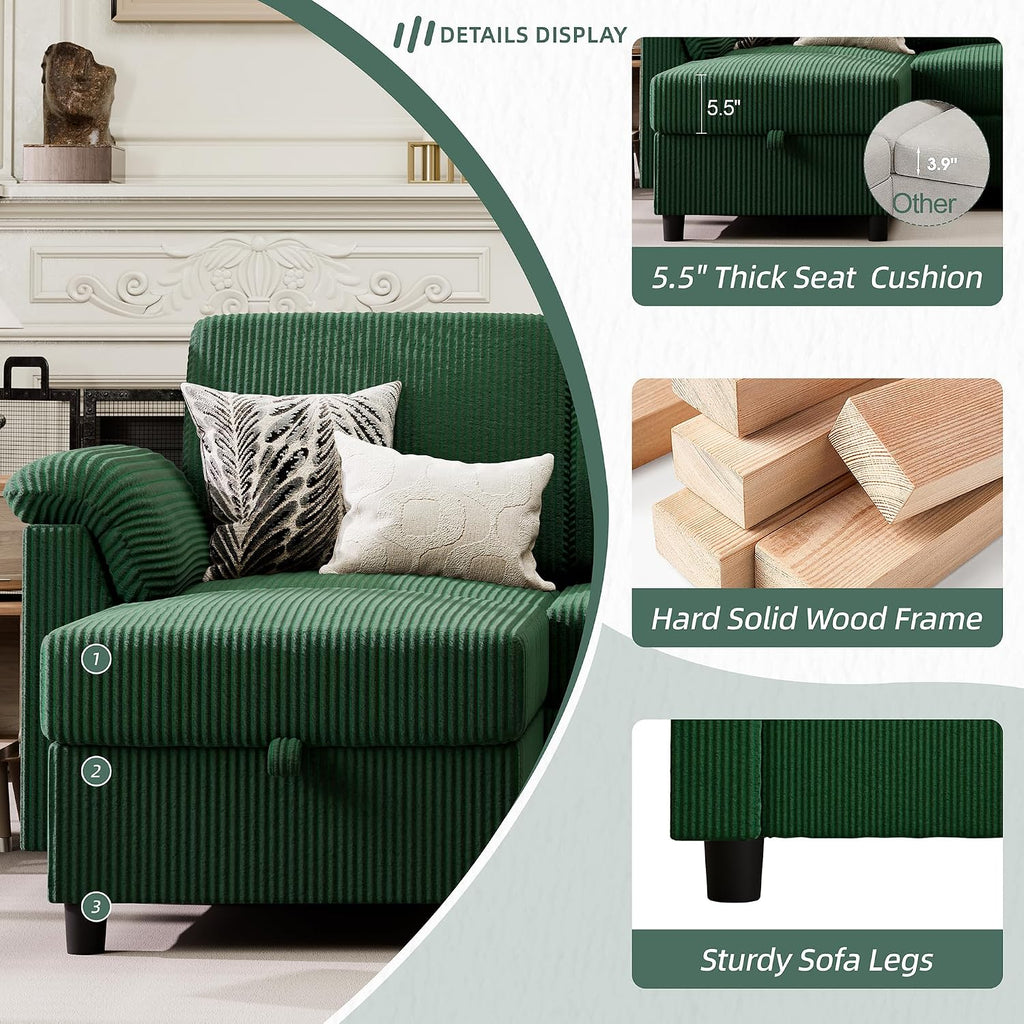 Vongrasig 79' Convertible Sectional Couch Sofa with Storage Ottoman, 3 Seat L Shaped Couch with Side Storage Pockage, Small Couches for Living Room, Apartment and Small Space (Green)