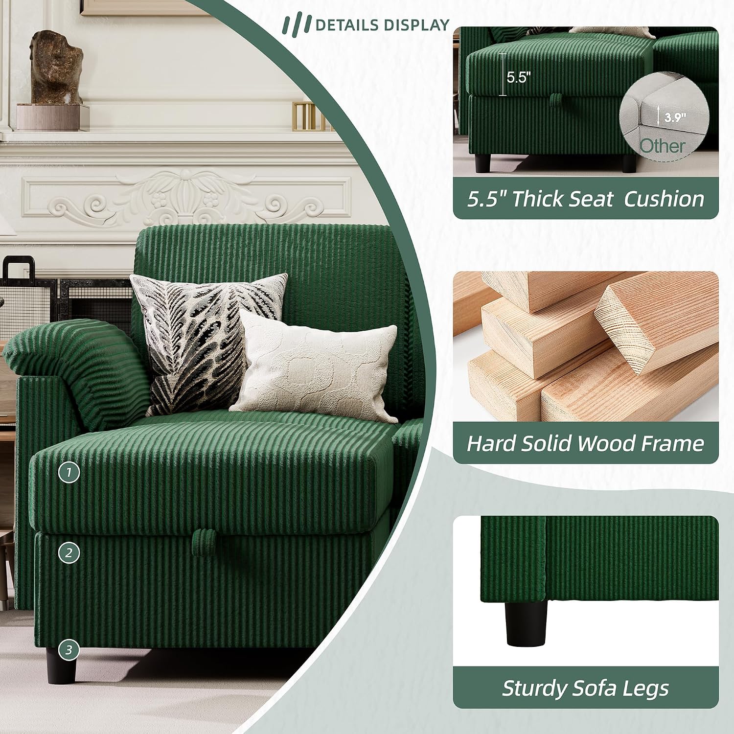 Vongrasig 79' Convertible Sectional Couch Sofa with Storage Ottoman, 3 Seat L Shaped Couch with Side Storage Pockage, Small Couches for Living Room, Apartment and Small Space (Green)