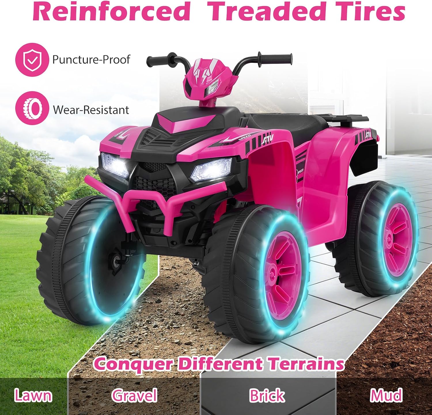 Costzon Kids ATV, 24V Four Wheeler Quad Ride on Car w/Forward/Backward, 2 Speeds, Wireless Connection, Music, Radio, LED Lights, Electric Vehicle Toddler 4 Wheeler for Kids, Boys & Girls 3-8 (Pink)