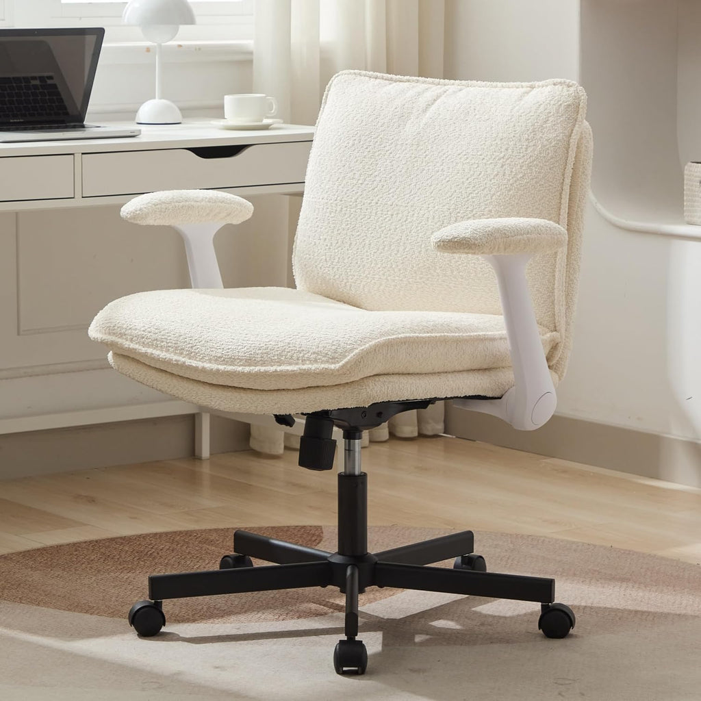 Kassipo Criss Cross Legged Office Chair with Wheels and Flip-Up Arms, Upholstered Criss Cross Desk Chair, Wide Seat Chairs for Home Office, Vanity, Apartment, Beige