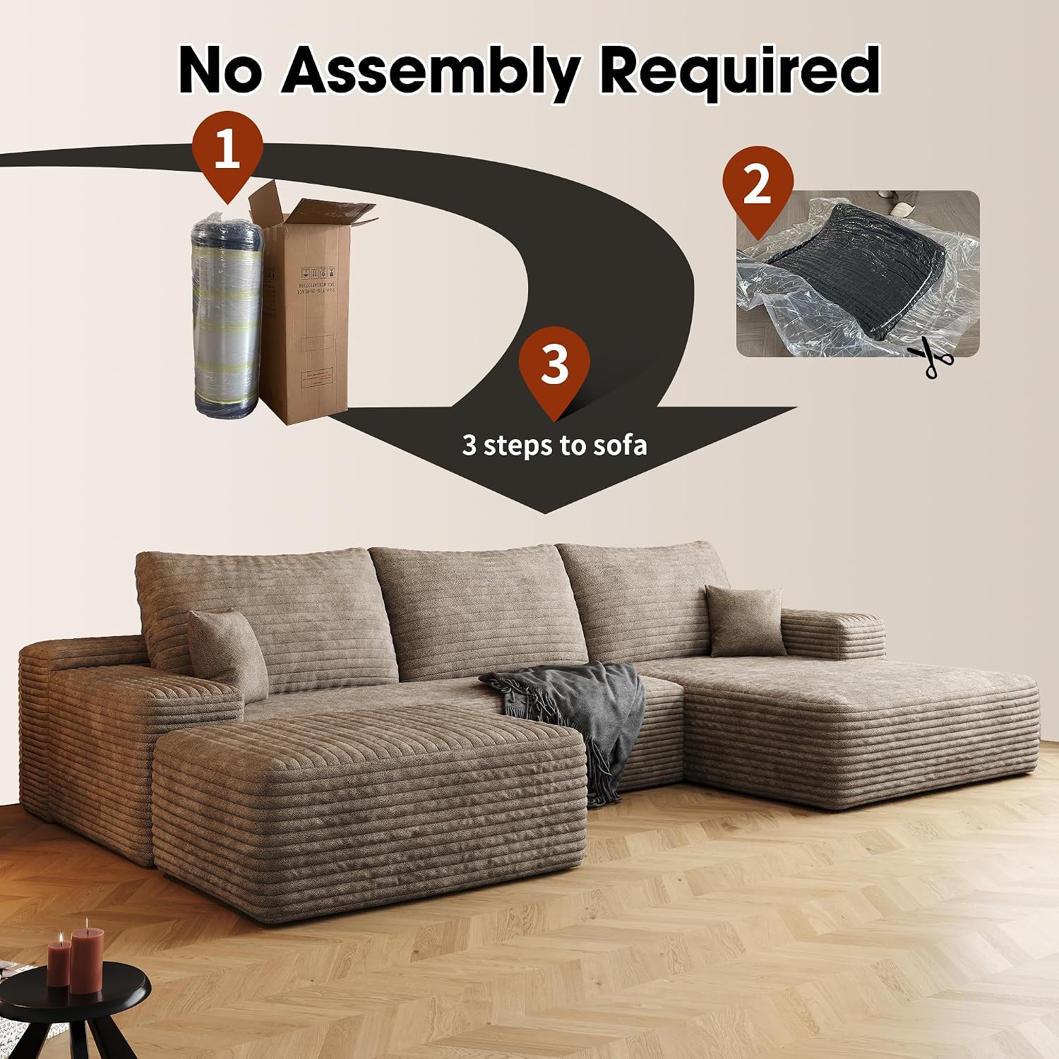 AUGOP 108' Sectional Couches for Living Room Modern Modular Sofa with L-Shape Couchs Upholstered Boneless Couch Deep Seat Sectional Couch with Chaise (Camel, Right Facing Chaise+2Seaters+1Ottoman)