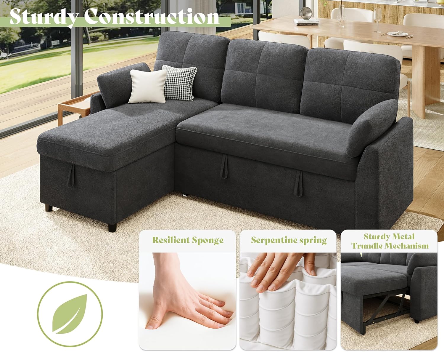 AMEILIFE Sofa Bed, Sleeper Sofa with Storage Chaise, Convertible Sofa Bed with Pull Out Couch, l Shaped Couch for Living Room-Gray Linen