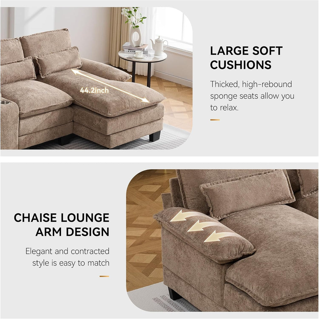 125'' U Shaped Cloud Modular Sofa with Chaise Lounges, Upholstered Comfy Sectional Couch with Storage Console, USB Charging & Cup Holders, Small Deep Seat Sofa for Living Room, Sherpa- Chenille Camel