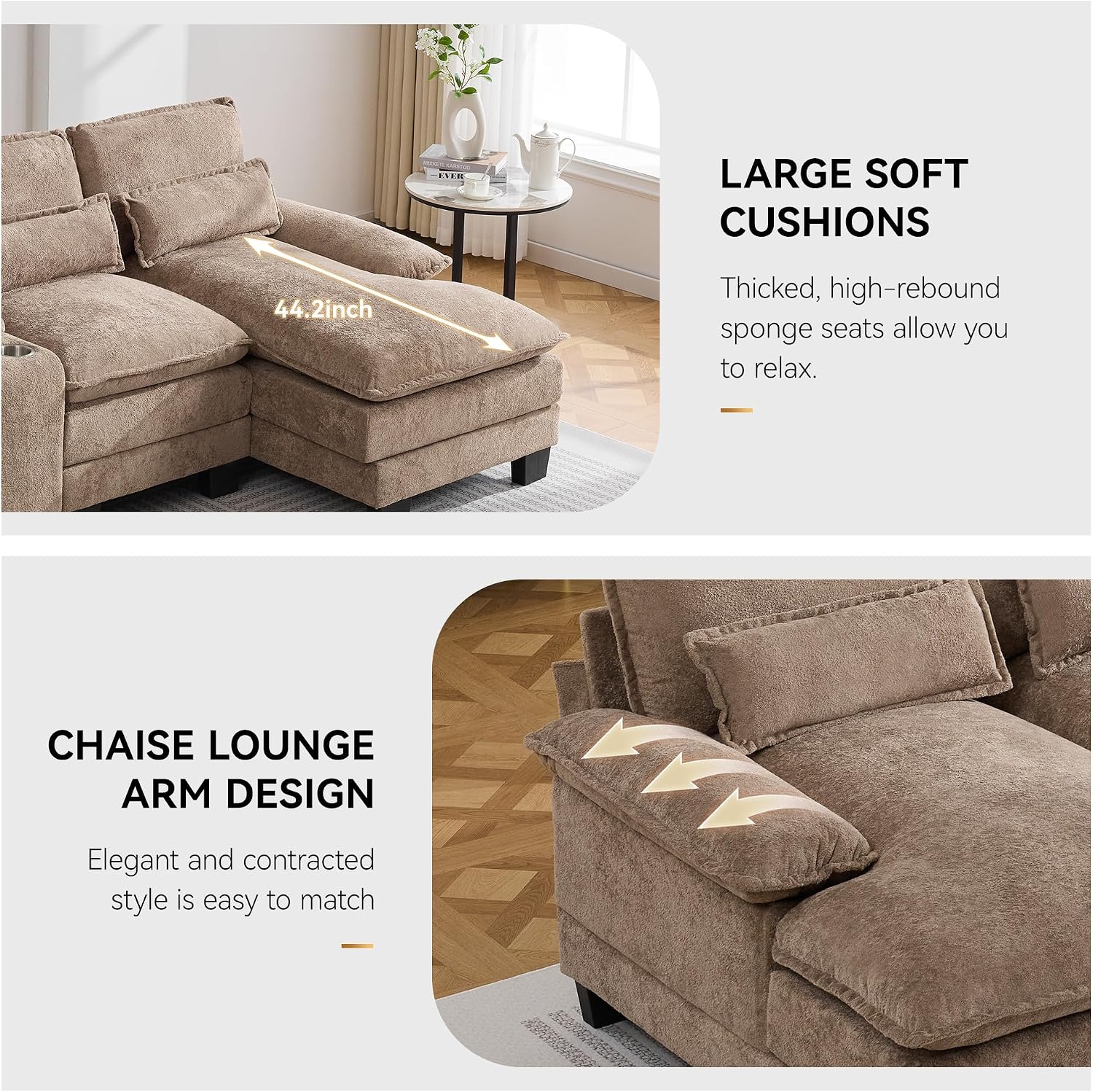 125'' U Shaped Cloud Modular Sofa with Chaise Lounges, Upholstered Comfy Sectional Couch with Storage Console, USB Charging & Cup Holders, Small Deep Seat Sofa for Living Room, Sherpa- Chenille Camel