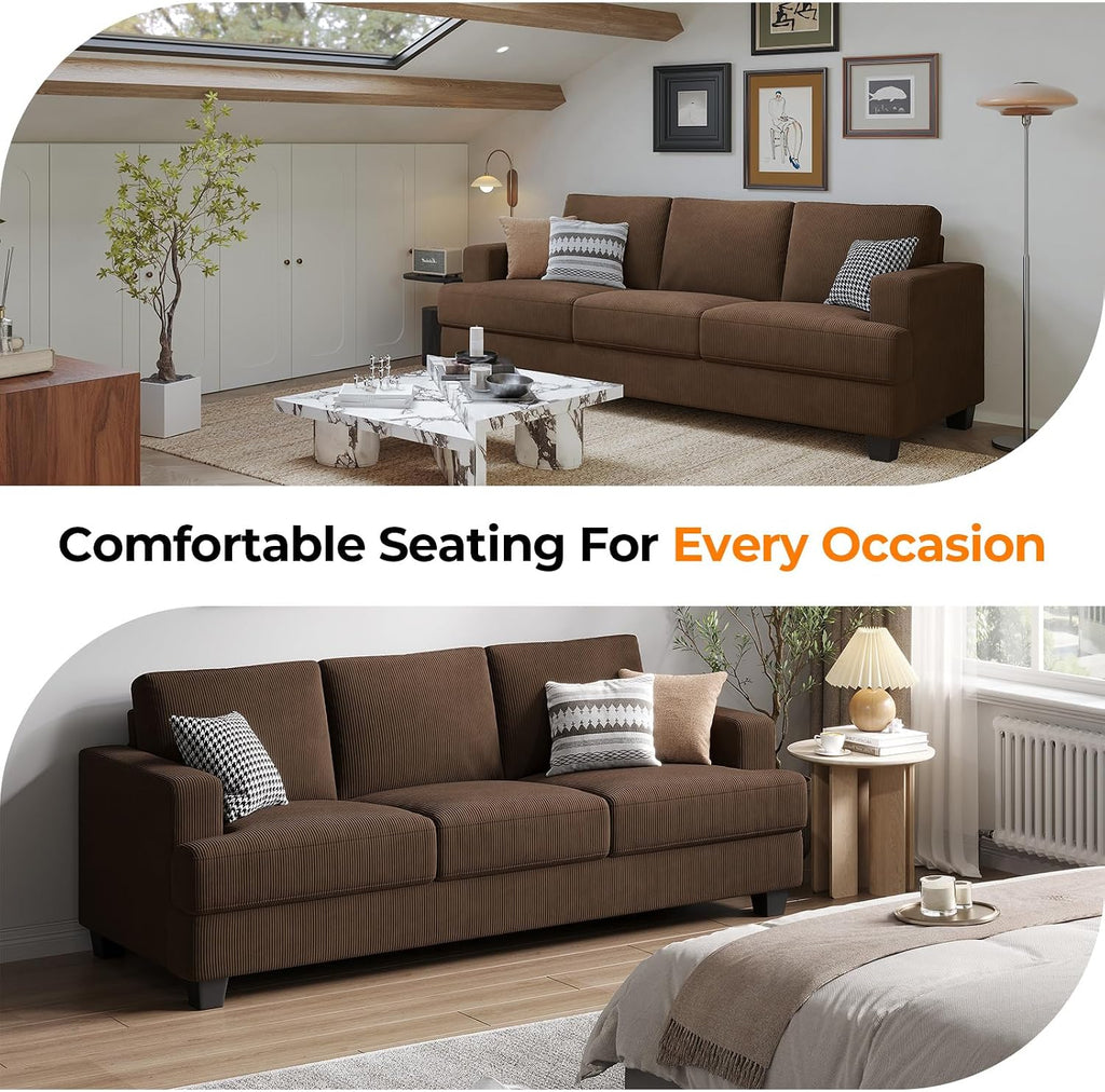 COPIAE 89 Inch Sofa with Extra Deep Seats Oversize, 3 Seater Sofa for Living Room, Modern Couch and Sofa, Comfy Armrests and Seats and Backrests, Easy Installation, Corduroy Fabric Brown