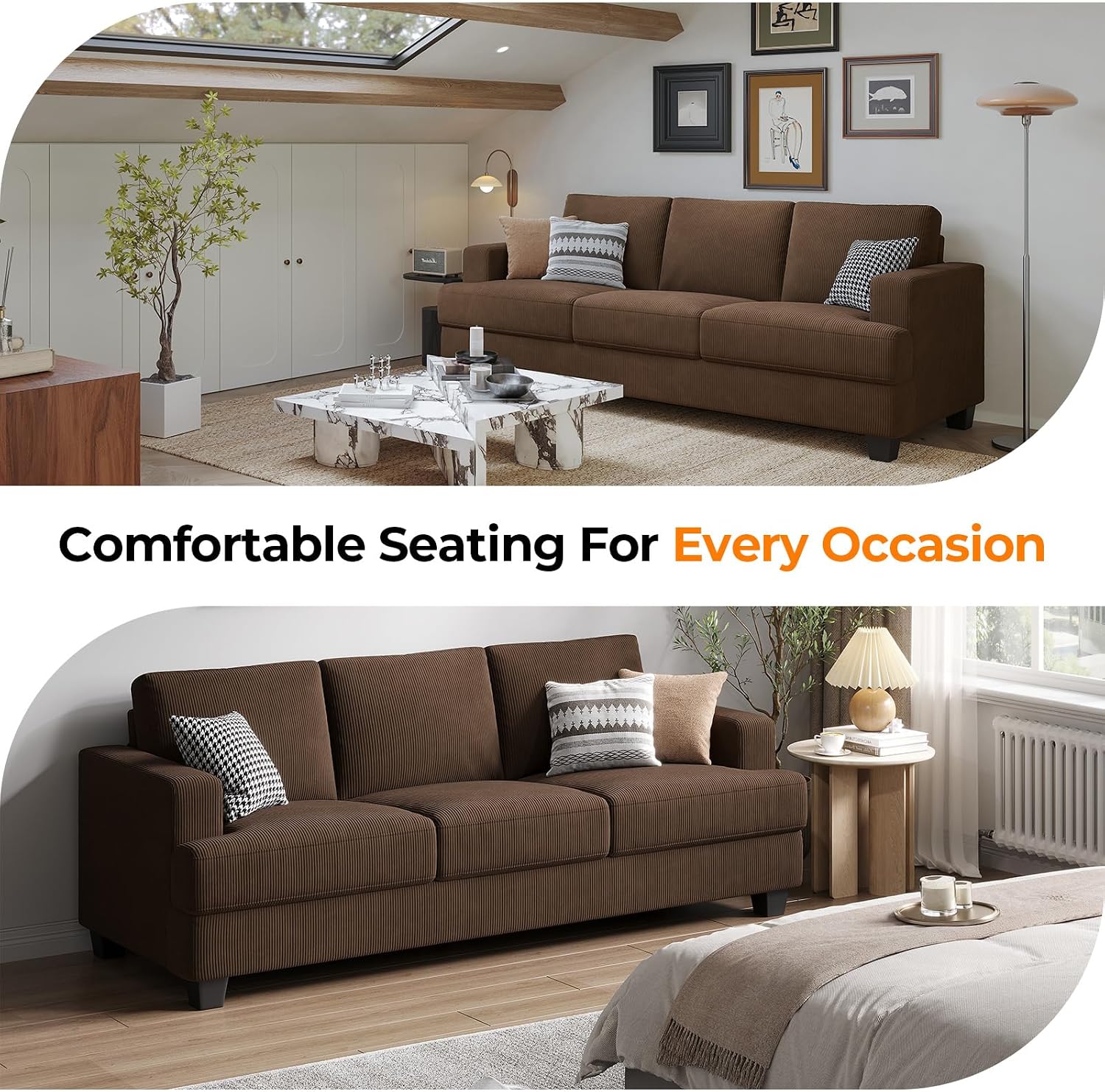 COPIAE 89 Inch Sofa with Extra Deep Seats Oversize, 3 Seater Sofa for Living Room, Modern Couch and Sofa, Comfy Armrests and Seats and Backrests, Easy Installation, Corduroy Fabric Brown