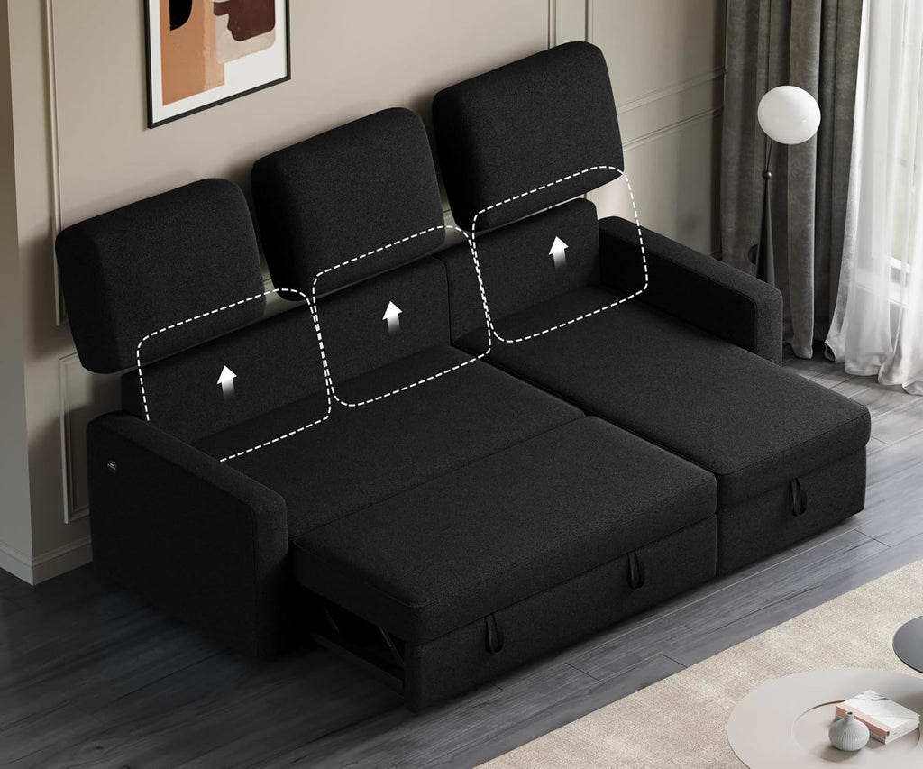 Yaheetech Sectional Sofa L-Shaped Sofa Couch Bed w/Chaise & USB, Reversible Couch Sleeper w/Pull Out Bed & Storage Space Living Room Black