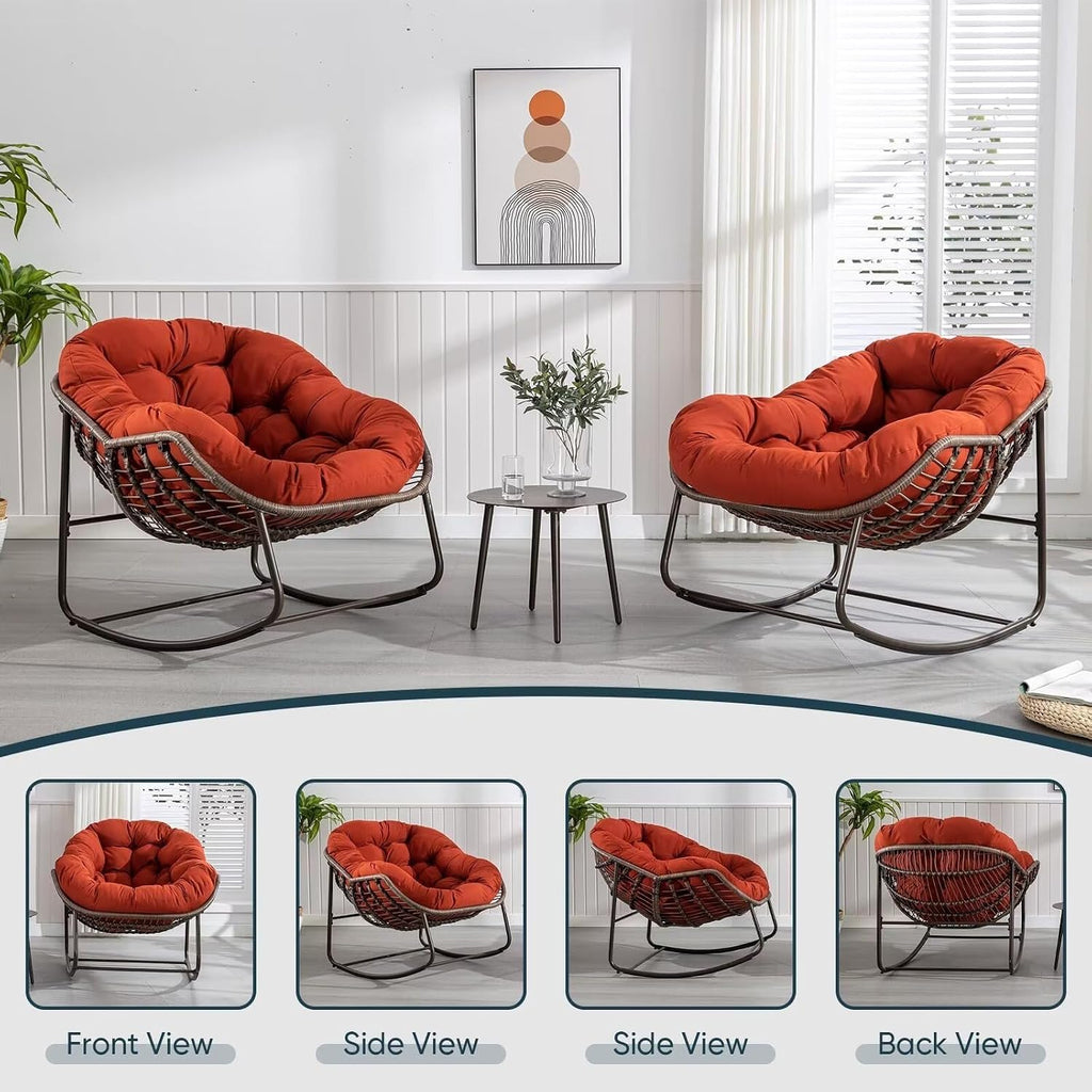 Outdoor Papasan Rocking Chair, Patio Oversized Wicker Egg Rocking Chair, Indoor & Outdoor Comfy Rocker Chair with Thick Cushion, Modern Lounge Chair for Front Porch, Garden, Backyard, Orange