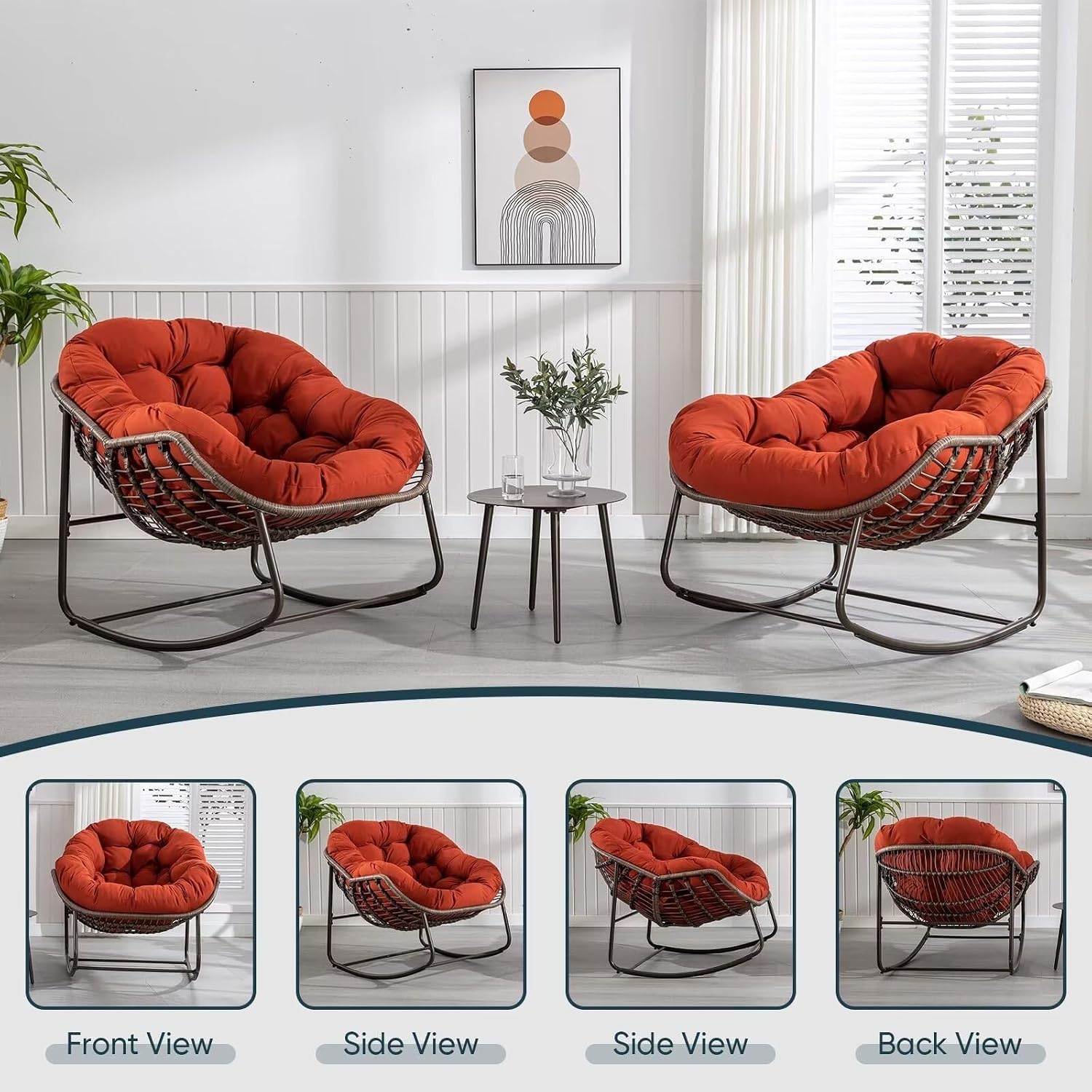 Outdoor Papasan Rocking Chair, Patio Oversized Wicker Egg Rocking Chair, Indoor & Outdoor Comfy Rocker Chair with Thick Cushion, Modern Lounge Chair for Front Porch, Garden, Backyard, Orange