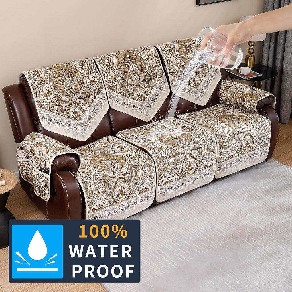 Waterproof Recliner Sofa Covers Non-Slip Recliner Couch Covers for 2 seat, Split Washable Jacquard Reclining Couch Covers Furniture Protecto (FLKF-Beige, 3 Seater)