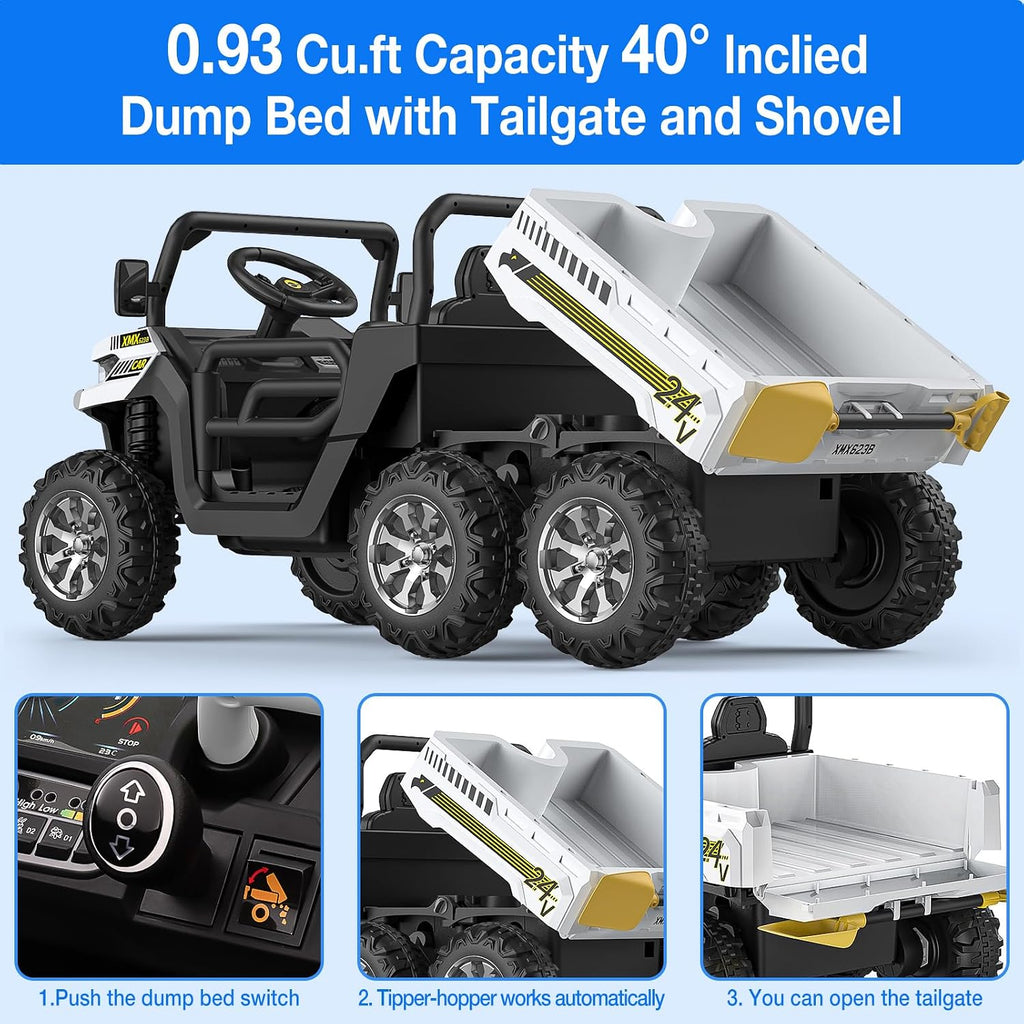 Hetoy 24V 2-Seater Ride On Dump Truck with Parent Remote Control, 4WD 6-Wheel Electric Car for Big Kids, UTV Style Dump Bed & Music Horn, ASTM/CPSIA Certified (Ages 3+)