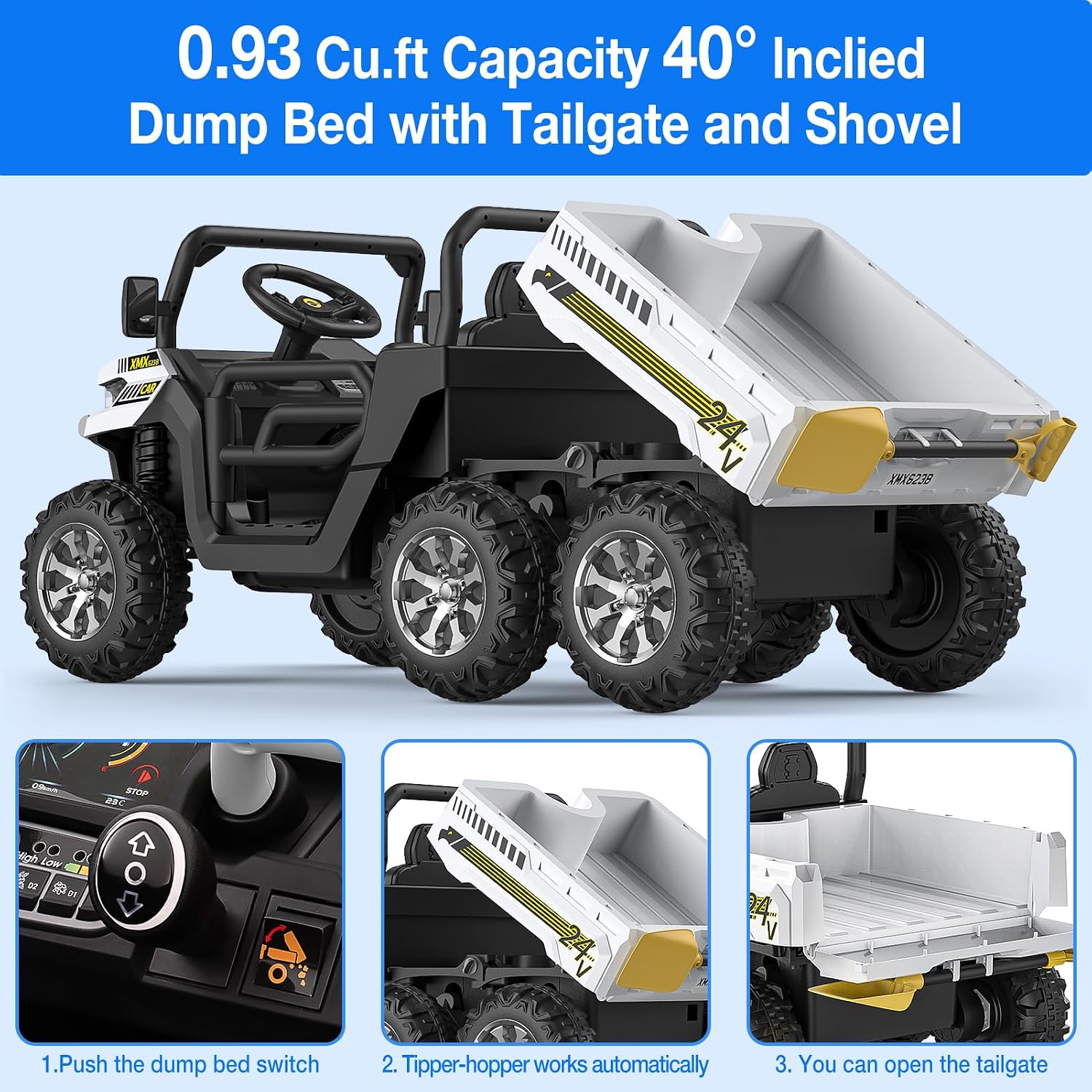 Hetoy 24V 2-Seater Ride On Dump Truck with Parent Remote Control, 4WD 6-Wheel Electric Car for Big Kids, UTV Style Dump Bed & Music Horn, ASTM/CPSIA Certified (Ages 3+)
