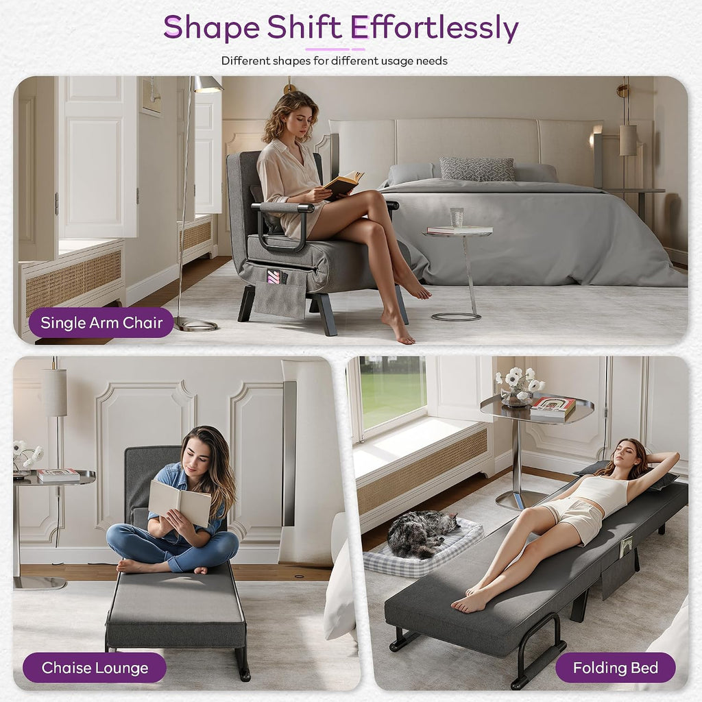TYBOATLE Sleep Chair Bed, Comfy Convertible Sleeper Chairs for Adults, 5 in 1 Folding Sofa Bed with Adjustable Backrest & Side Pockets & Pillow, Cozy Small Couch for Small Spaces, Office (Dark Grey)