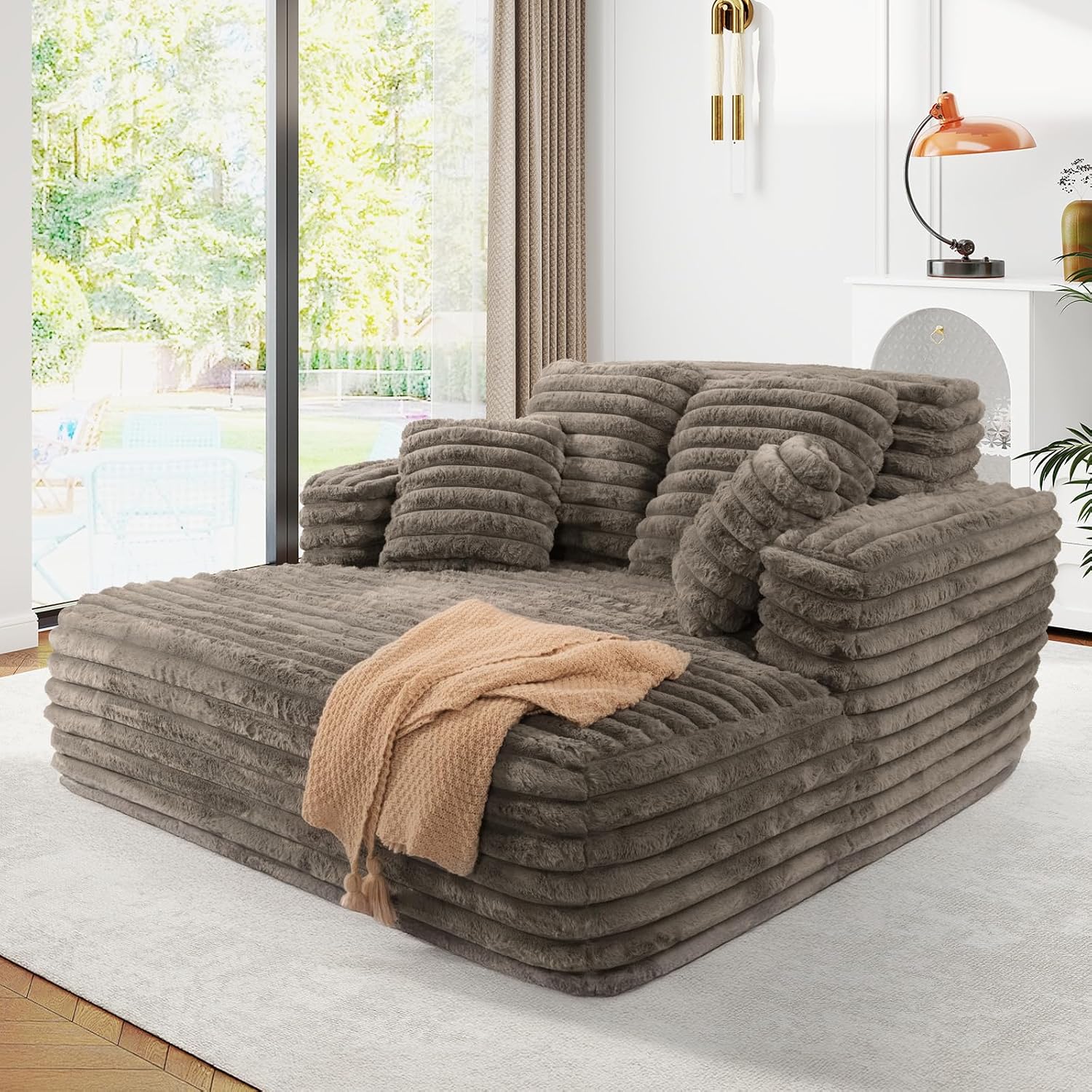 JEEOHEY 56' Oversized Chaise Lounge Chair Indoor,Plush Faux Fur Sleeper Sofa Couch Bed with Pillows&Wide Armrests,Fluffy Comfy Cloud Couch,Compression Foam Couch for Living Room,Bedroom(Brown)