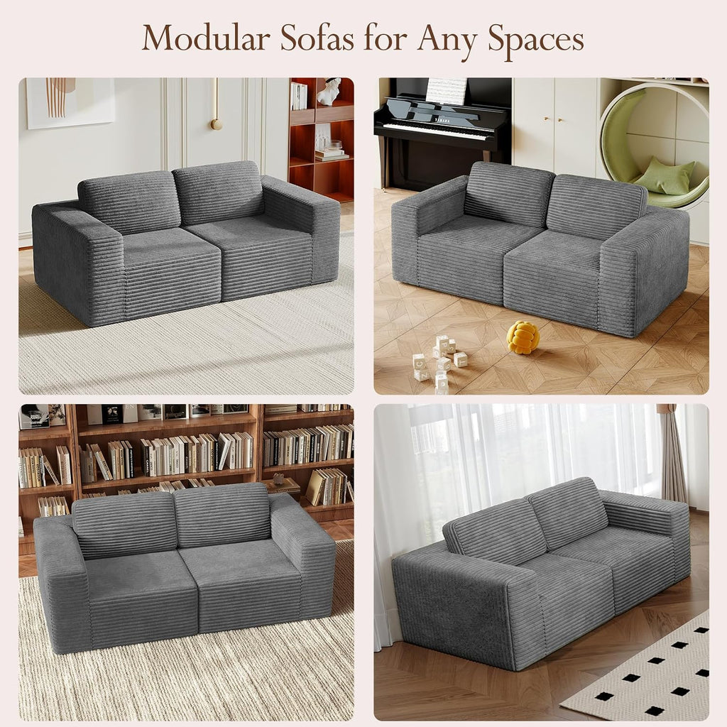 Vesgantti 80' Modular Sectional Sofa, Corduroy Cloud Couch with Deep Seating & Spring Support, 2 Seater Compact Modular Couch, Boneless Sectional Sofa for Small Spaces, No Assembly Required, Grey