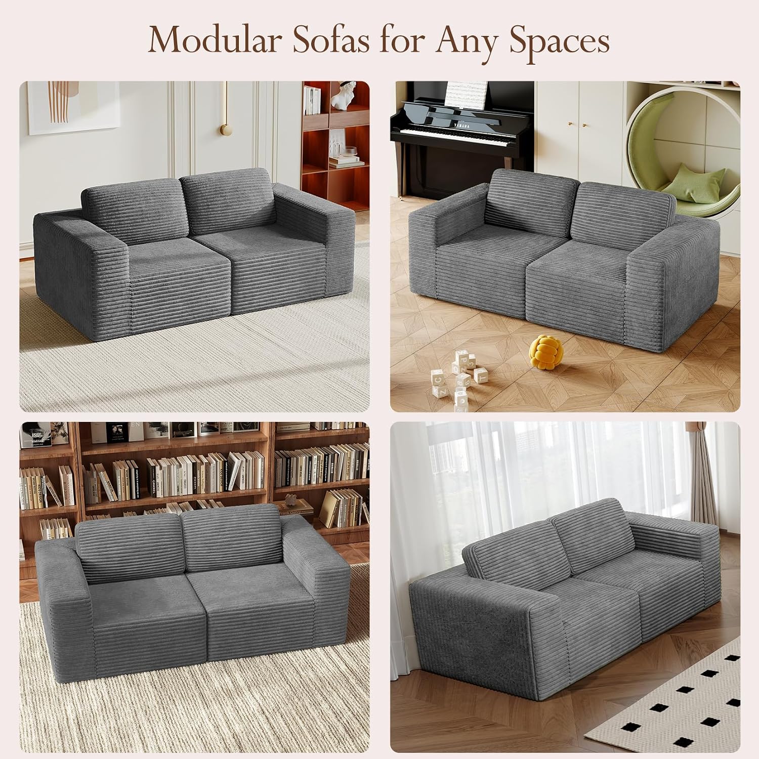 Vesgantti 80' Modular Sectional Sofa, Corduroy Cloud Couch with Deep Seating & Spring Support, 2 Seater Compact Modular Couch, Boneless Sectional Sofa for Small Spaces, No Assembly Required, Grey