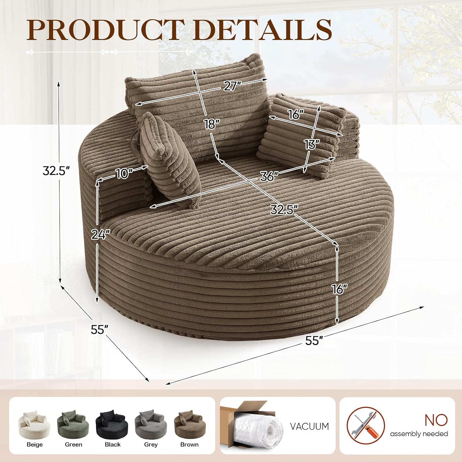 Oversized Round Chaise Longue Chair Indoor, Modern 55-inch Upholstered Corduroy Deep Seat Circle Single Cloud Lounge Floor Sofa Chair for Living Room, Bedroom Apartment, Brown