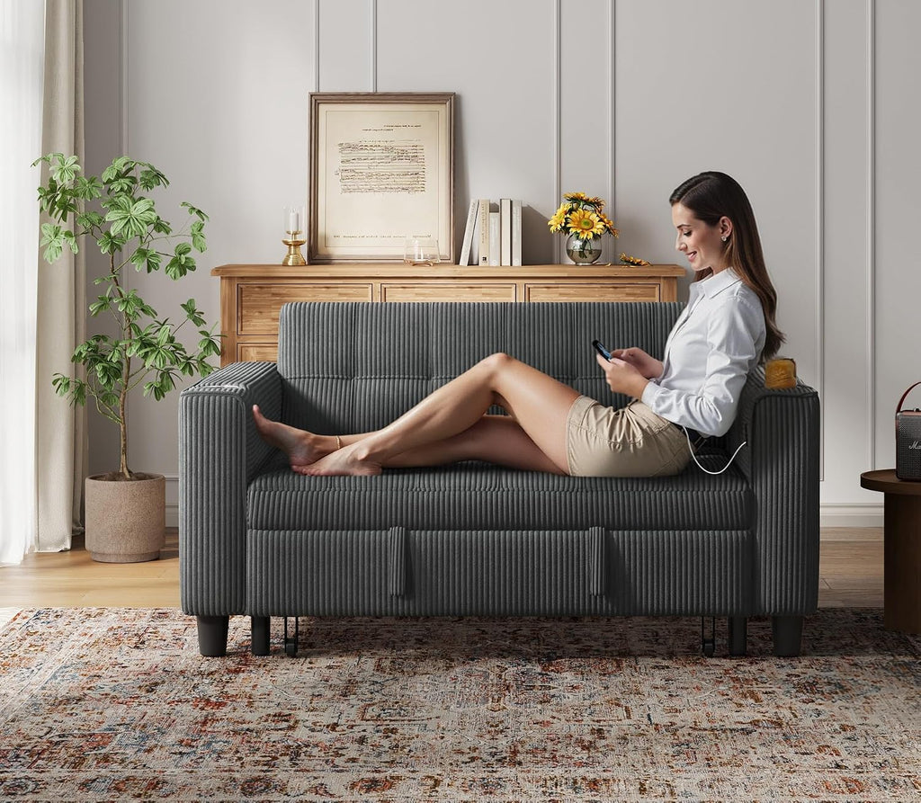 LINSY 54' Pull Out Couch with Charging Station - Sleeper Sofa Bed with Cup Holder, Small 3 in 1 Convertible Loveseat Sleeper Couch for Apartment, Dorm Room, Bedroom and Small Space, Dark Gray