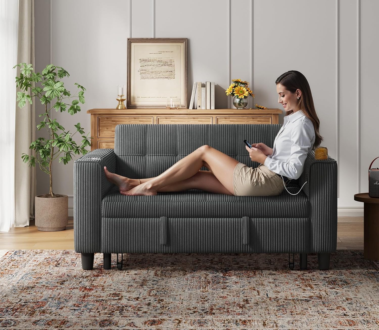 LINSY 54' Pull Out Couch with Charging Station - Sleeper Sofa Bed with Cup Holder, Small 3 in 1 Convertible Loveseat Sleeper Couch for Apartment, Dorm Room, Bedroom and Small Space, Dark Gray