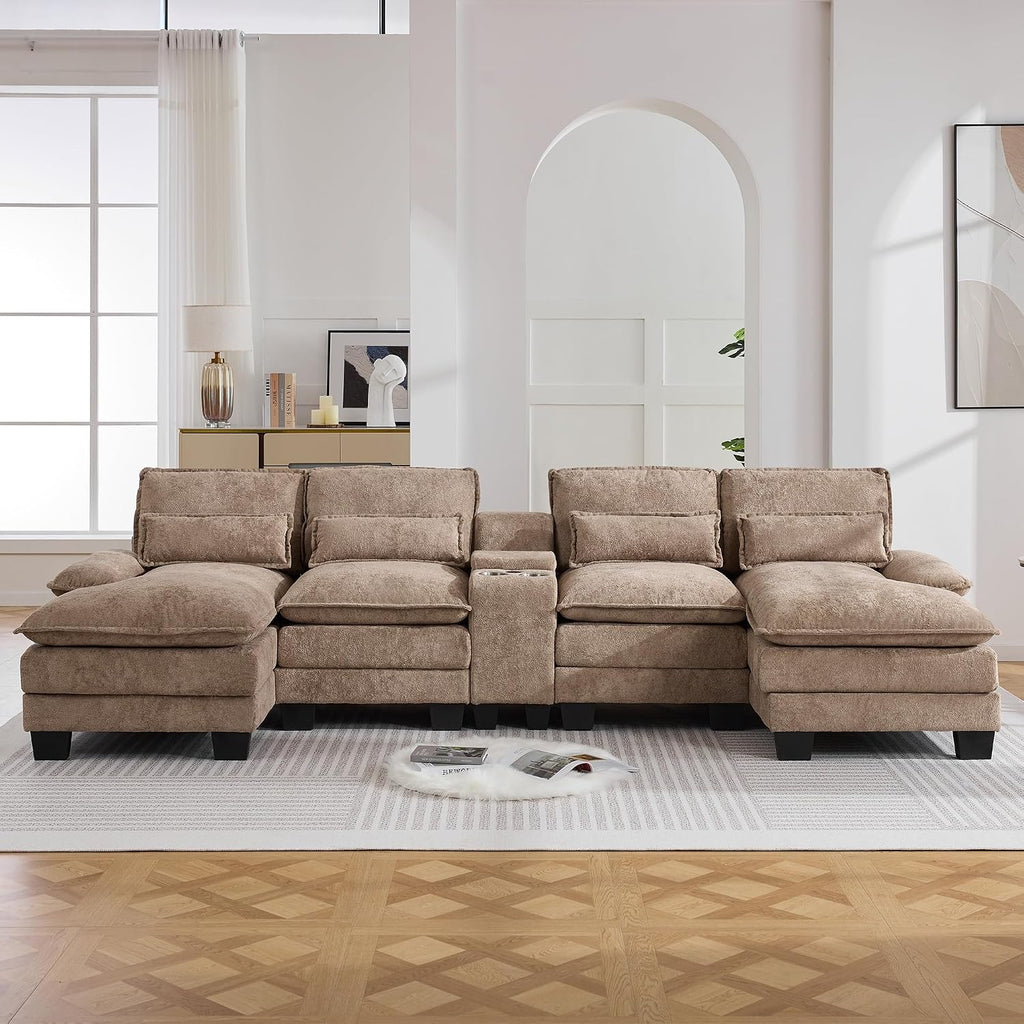 125'' U Shaped Cloud Modular Sofa with Chaise Lounges, Upholstered Comfy Sectional Couch with Storage Console, USB Charging & Cup Holders, Small Deep Seat Sofa for Living Room, Sherpa- Chenille Camel