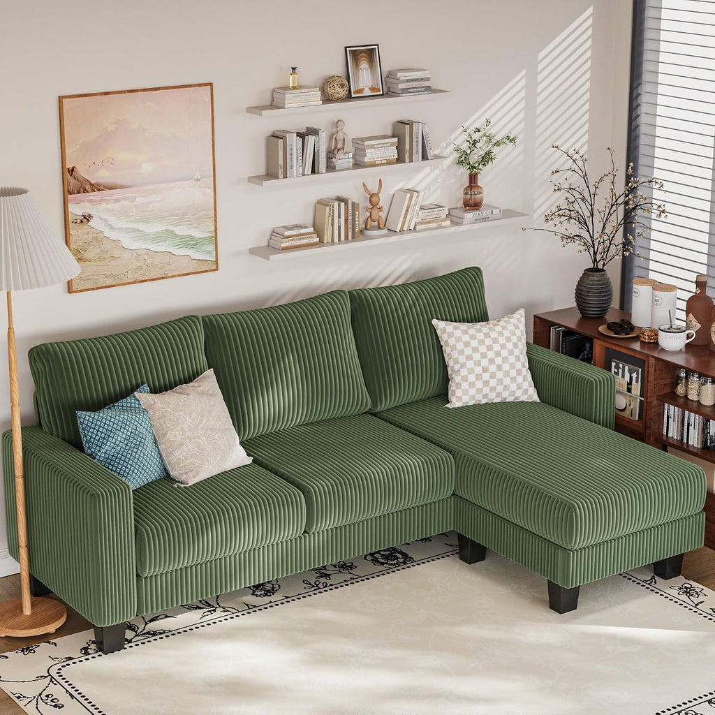 YESHOMY Convertible Sectional Couch, Couches with Mobile Ottoman, Small Sofa L-Shaped 3 Seater with Corduroy Fabric for Living Room, Apartment and Office, 70', Olive Green