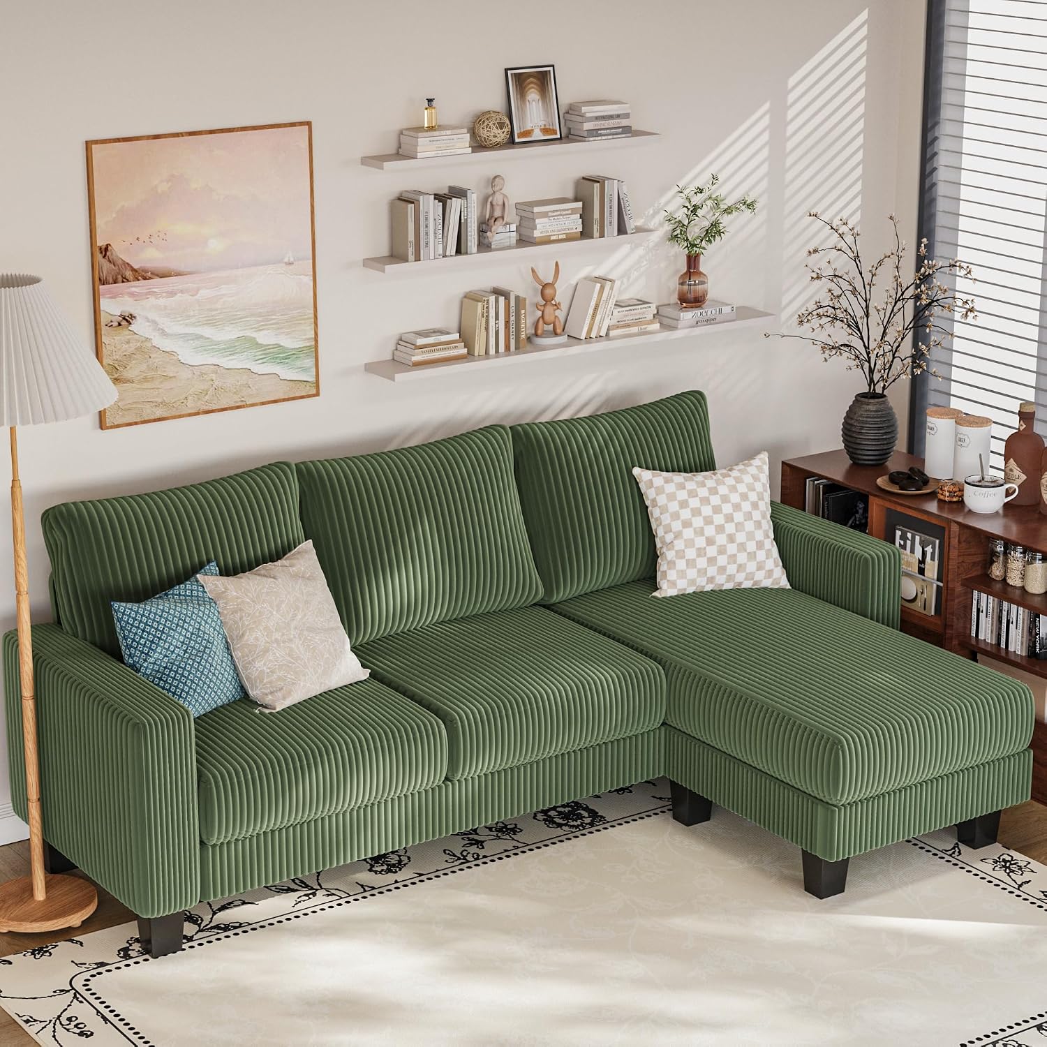 YESHOMY Convertible Sectional Couch, Couches with Mobile Ottoman, Small Sofa L-Shaped 3 Seater with Corduroy Fabric for Living Room, Apartment and Office, 70', Olive Green
