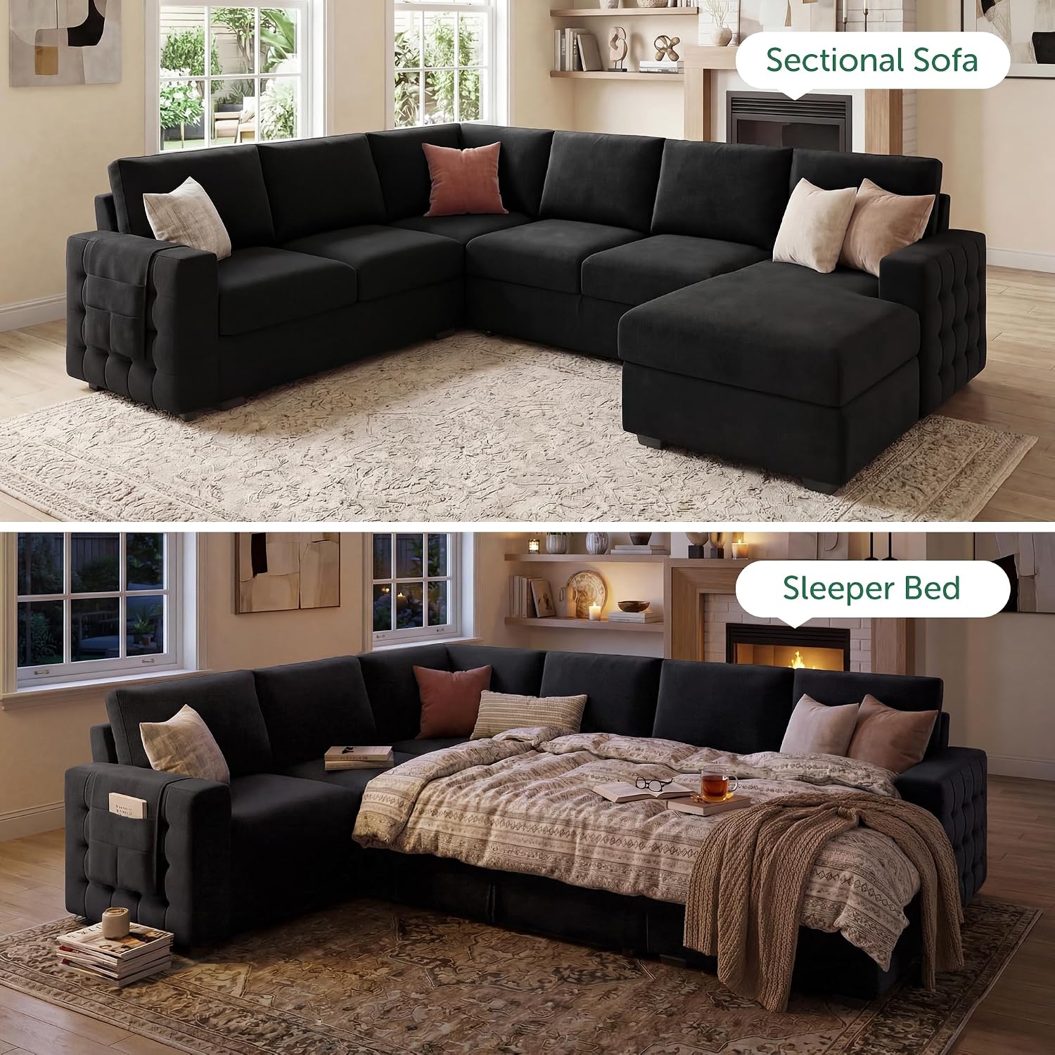 HONBAY Sectional Sleeper Sofa with Pull-Out Bed Storage Chaise, 6 Seater Couch for Living Room, Black