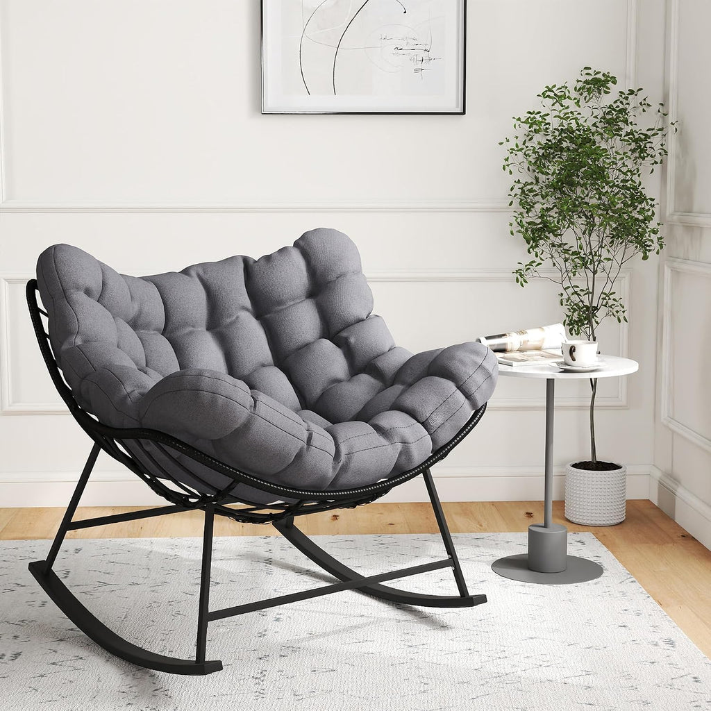 Oversized Wicker Papasan Rocking Chair, Indoor Outdoor Egg Chair Rocker, Comfy Patio Recliner with Modern Egg Style, Grey