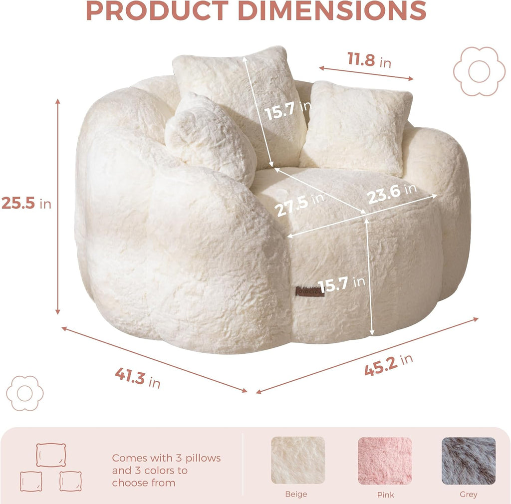 MAXYOYO Bean Bag Chair, Floral Shaped Bean Bag Sofa for Adults, Soft Faux Fur Floor Sofa, Large Stuffed Reading Chair for Living Room, Beige