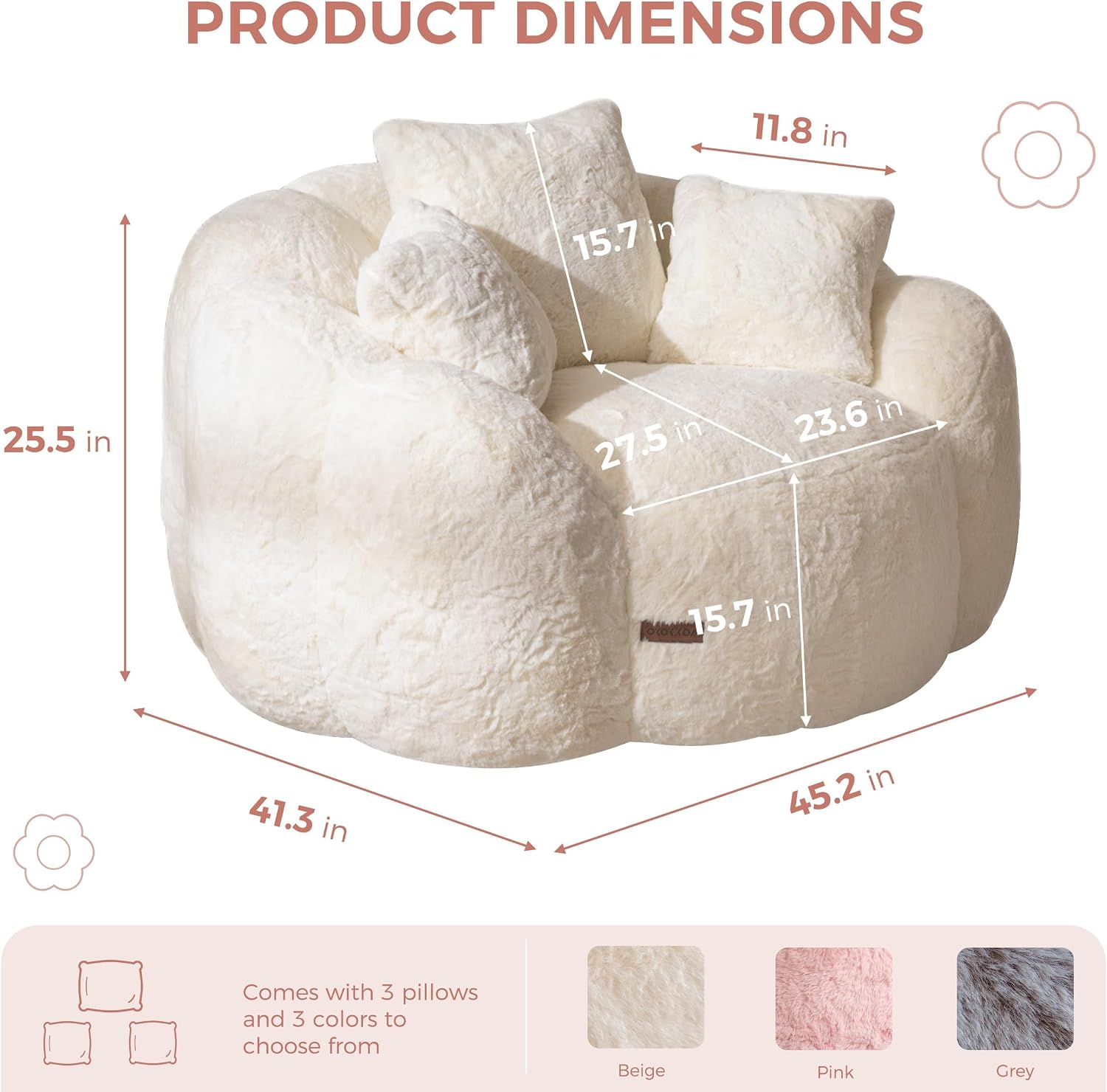 MAXYOYO Bean Bag Chair, Floral Shaped Bean Bag Sofa for Adults, Soft Faux Fur Floor Sofa, Large Stuffed Reading Chair for Living Room, Beige
