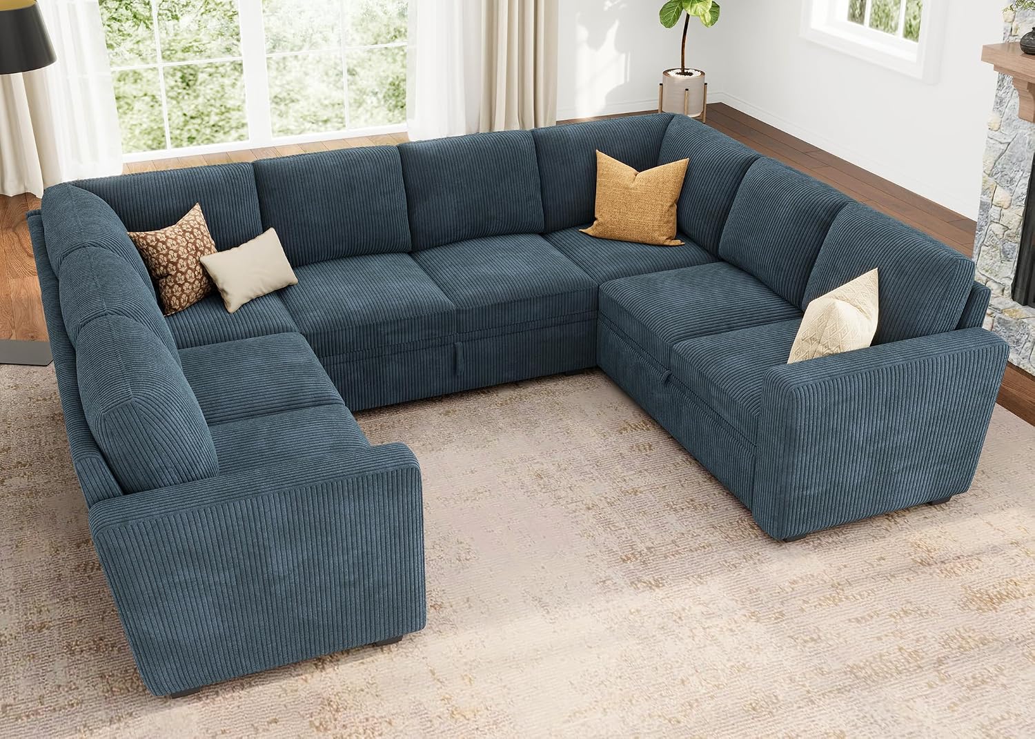 HONBAY Modular Sectional Couch with Pull Out Bed, Corduroy Sleeper Sofa with Storage Seats, U Shaped Sectional Couches for Living Room, Blue
