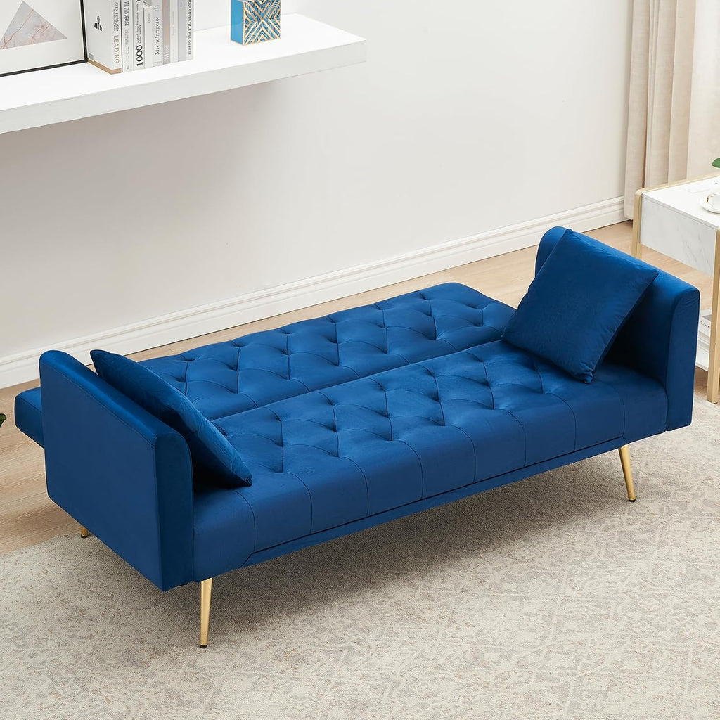 71' Modern Velvet Sofa Bed Futon, Convertible Sleeper Couch with Adjustable Backrest, Tufted Recliner Loveseat with Golden Chrome Legs & 2 Pillows for Small Spaces, Living Room, Apartment (Blue)