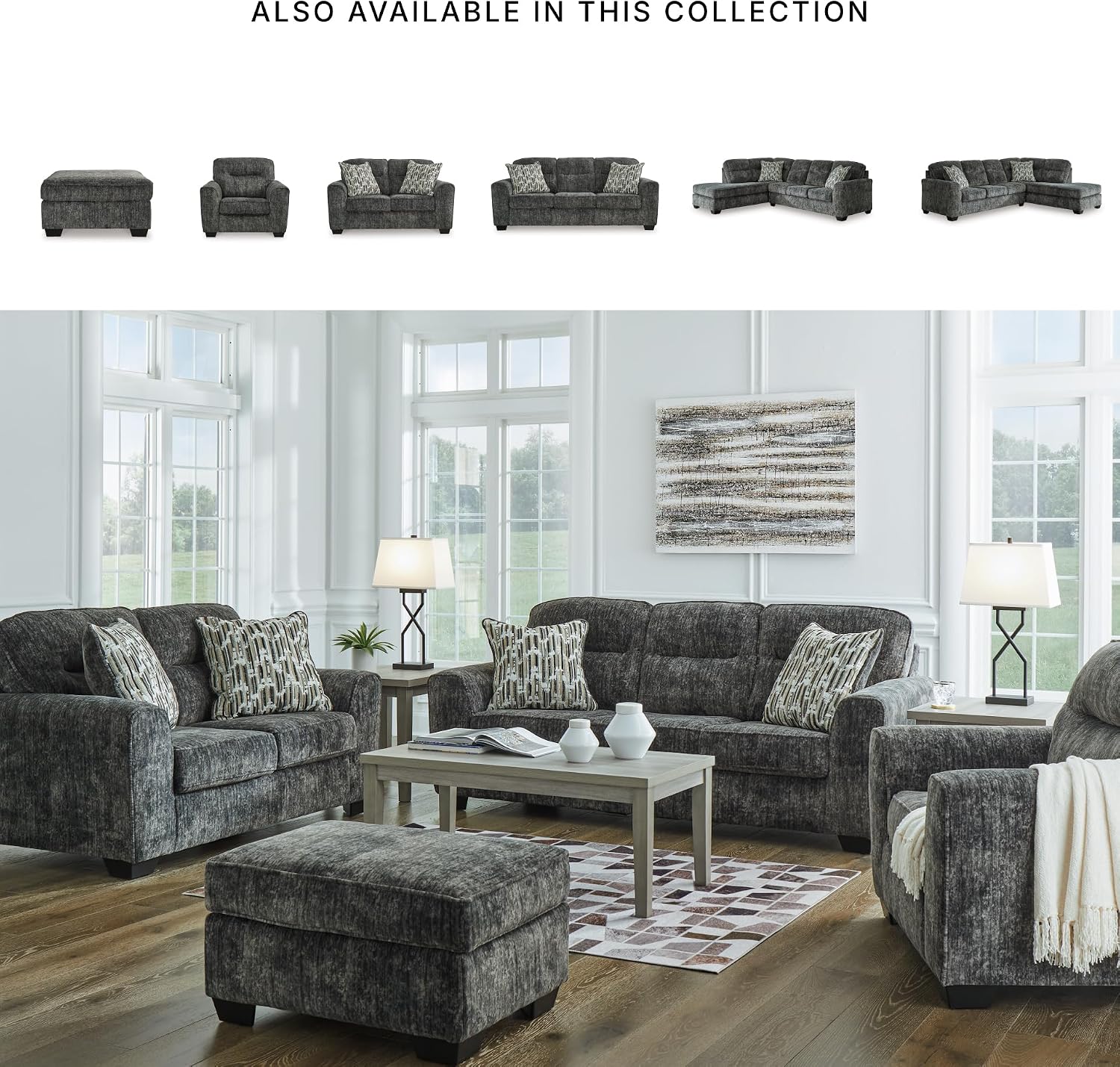 Signature Design by Ashley Lonoke Modern Sofa with 2 Accent Pillows, Gray