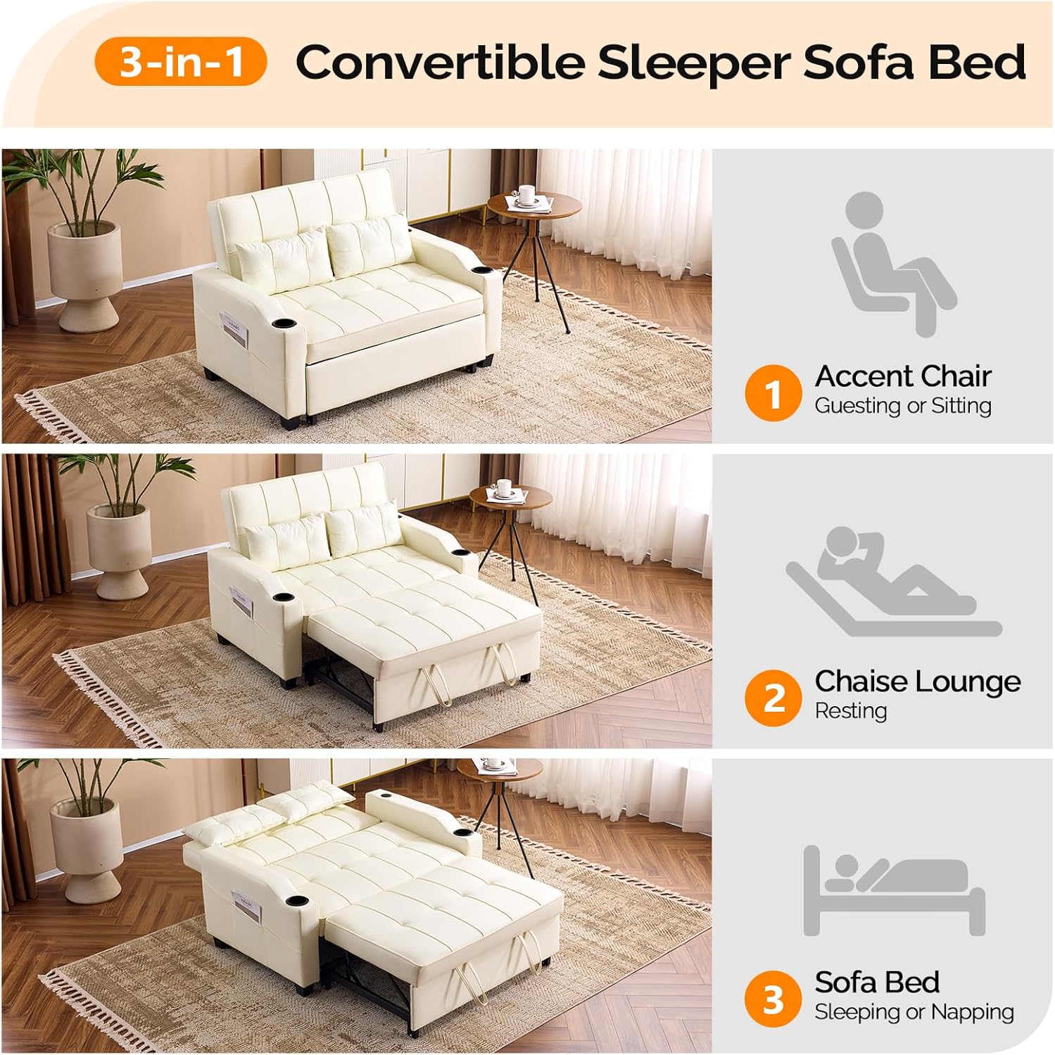 VINGLI Beige Futon Sofa Bed Convertible Loveseat Sleeper Couch, Faux Leather Pullout Sofa Fold Out Couch Bed with USB Ports, Cup Holders, Armrest for Living Room, Bedroom Apartment Room