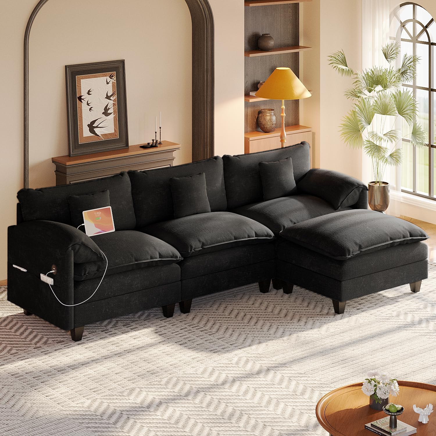 KCGKCG Modular Sectional Sofa, 108' Comfy Cloud Couch with Movable Ottoman | Charging Station | Side Pocket | Throw Pillow, Modern L-Shaped Couches for Living Room, Chenille, Charcoal Black