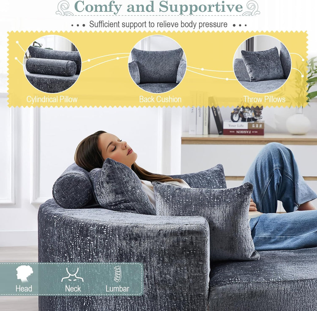 Oversized Round Chaise Longue Chair Indoor, Modern 55-inch Upholstered Chenille Deep Seat Circle Single Cloud Lounge Floor Sofa Chair for Living Room, Bedroom Apartment, Grey