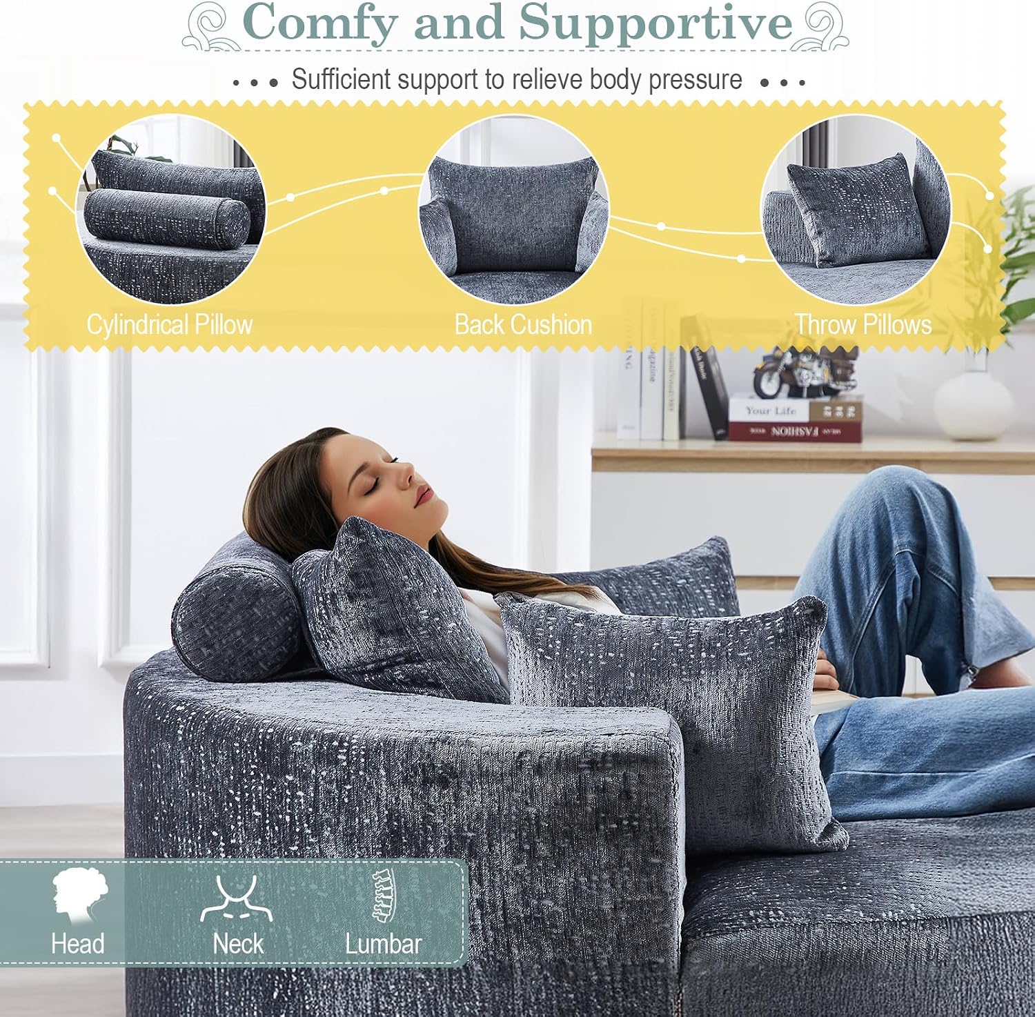 Oversized Round Chaise Longue Chair Indoor, Modern 55-inch Upholstered Chenille Deep Seat Circle Single Cloud Lounge Floor Sofa Chair for Living Room, Bedroom Apartment, Grey