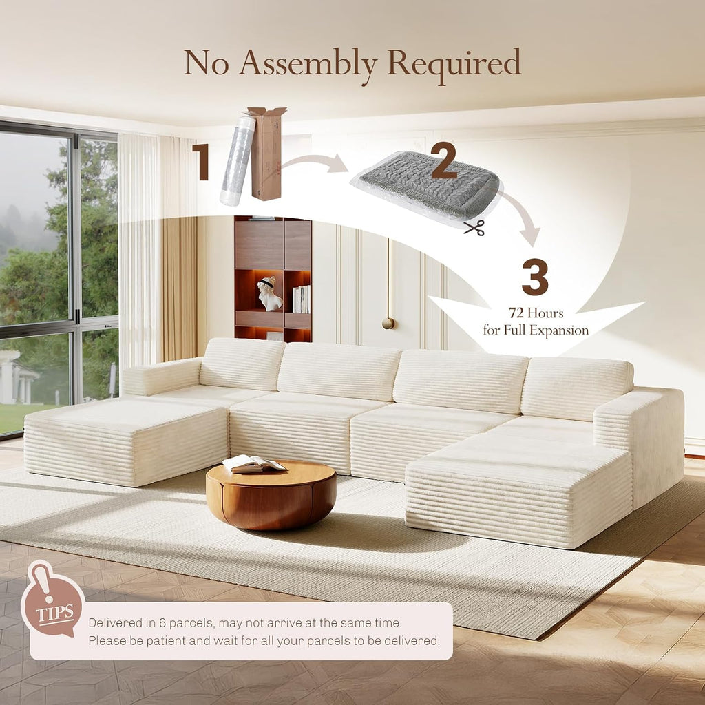 Vesgantti 159' Large Modular Sectional Sofa, U-Shaped Corduroy Cloud Couch with Deep Seats & Spring Support, 4-Seater Boneless Sofa with 2 Movable Ottomans, No Assembly Needed, Beige